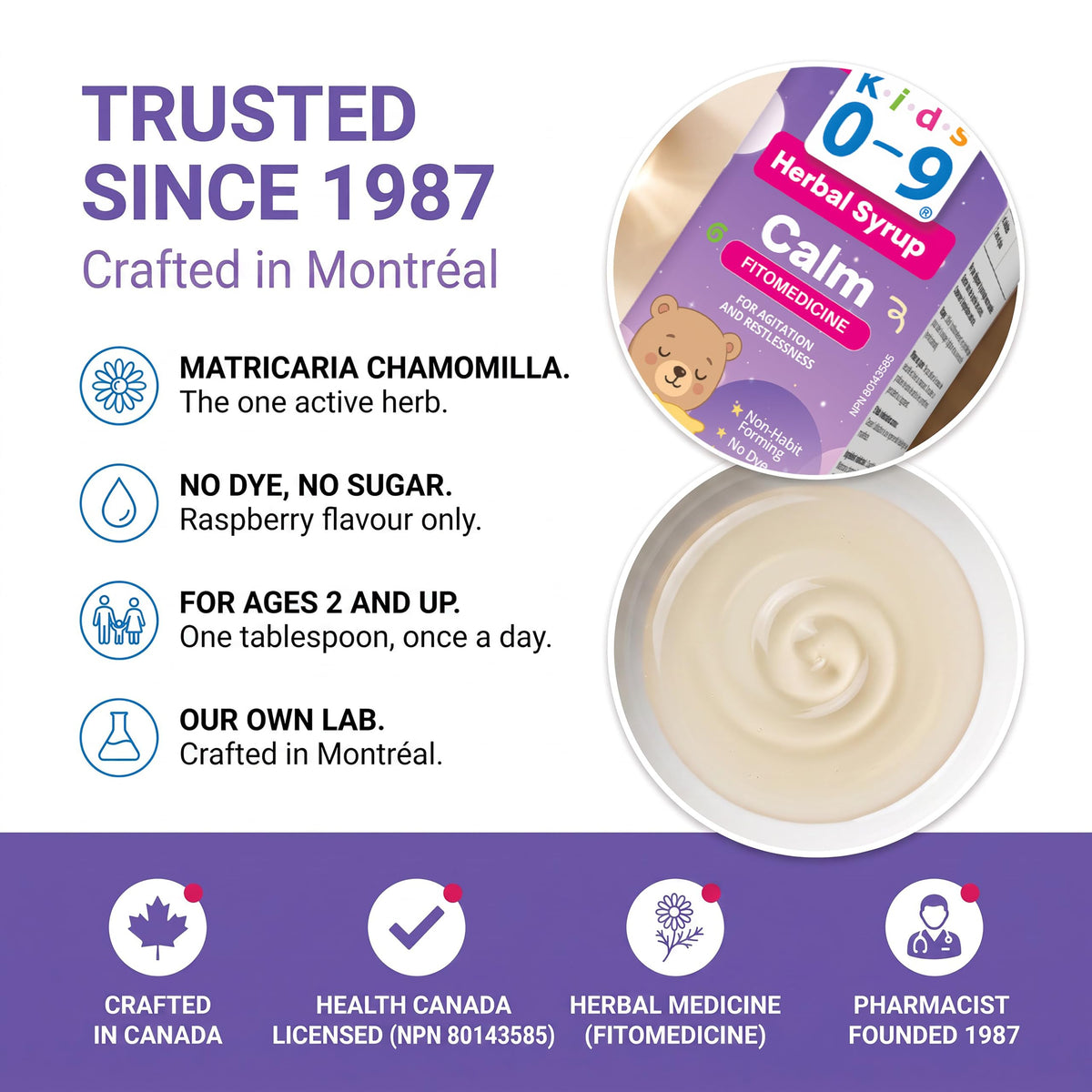 Homeocan Kids 0-9 Herbal Syrup Calm, Chamomile Supplement for Relaxation & Emotional Balance, Grape Flavor, 150ml, Non Habit Forming, Dye & Sugar-Free