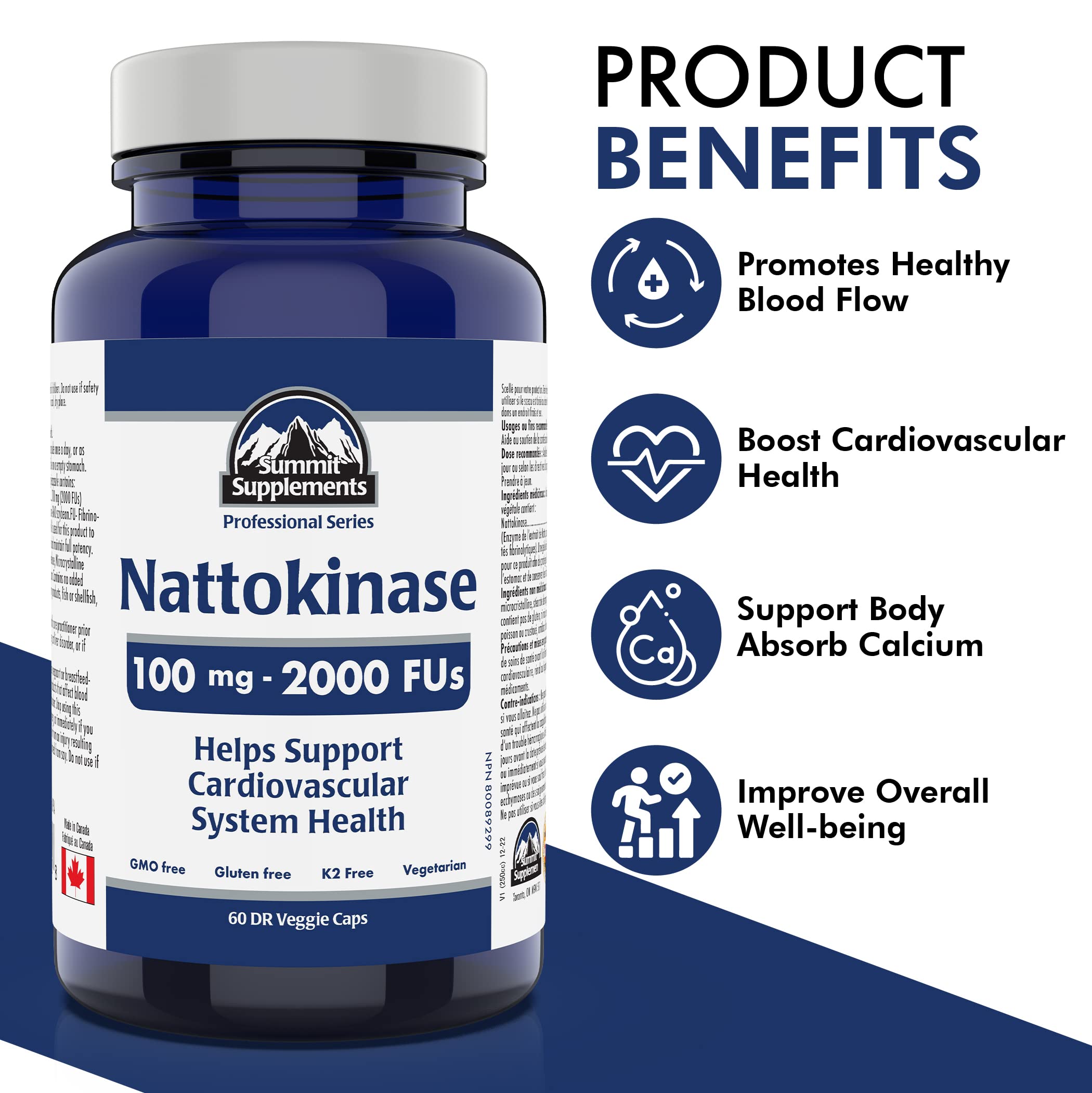 Nattokinase 100mg 2000 FU, 60 DR Vegetarian Capsules, 60-Day Supply - Supports Cardiovascular & Heart Health, Non-GMO, Gluten-Free - Promotes Circulation & Vitality, Proudly Canadian, Plastic Negative