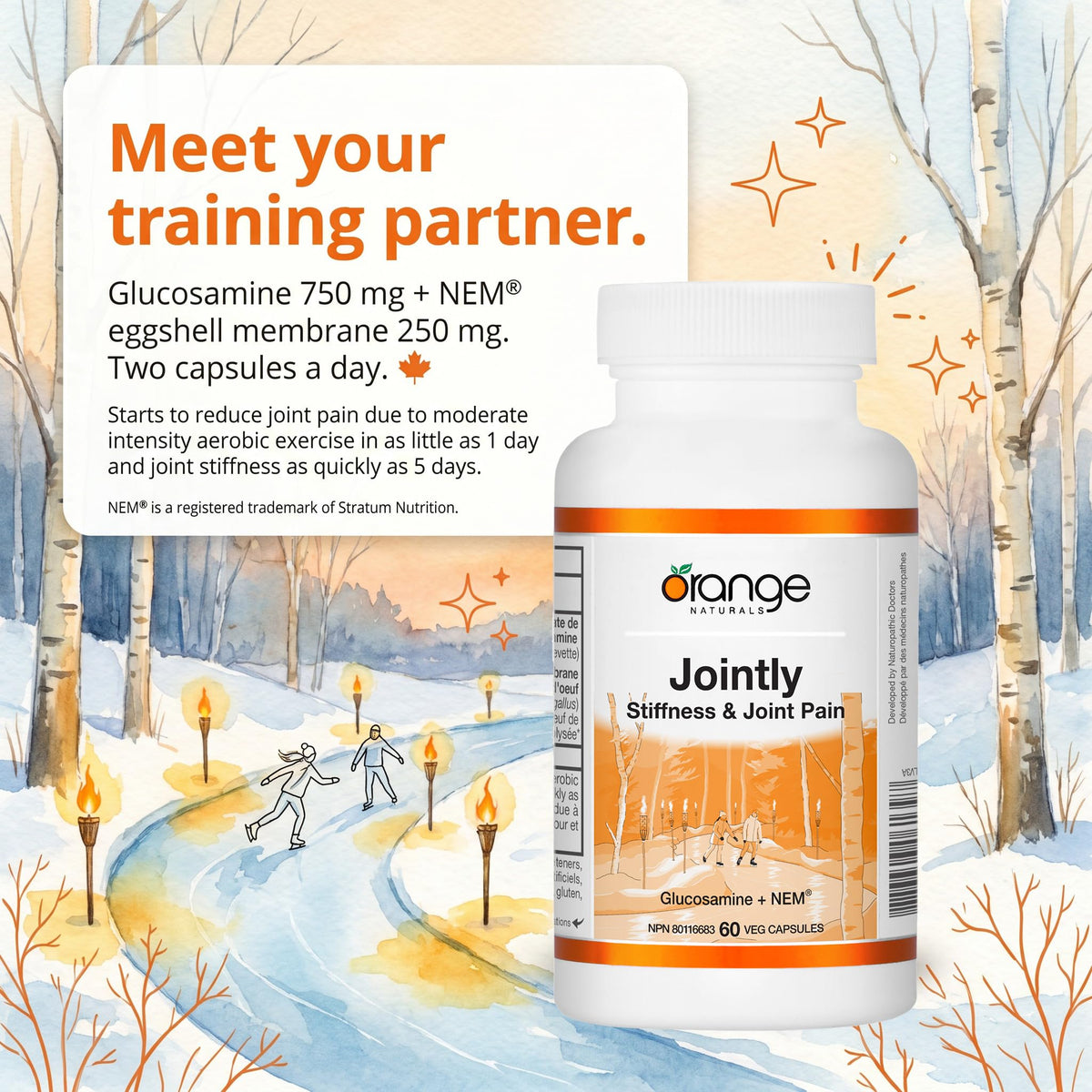 Orange Naturals Glucosamine NEM Joint Support Capsules for Adults, 60 Caps