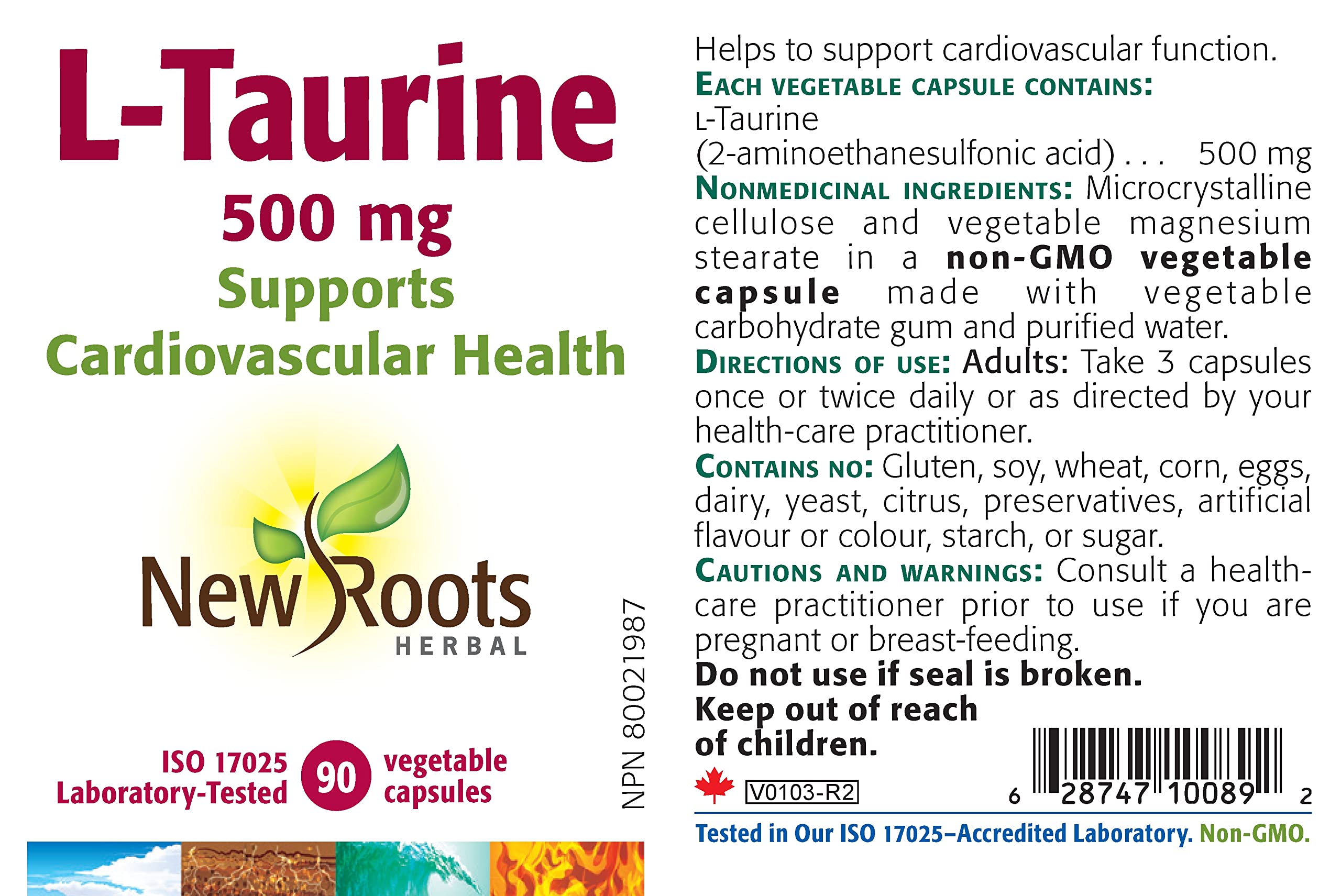 New Roots Herbal - L-Taurine 500 mg, 90 capsules, cure de 30 jours – Contribue au soutien des fonctions cardiovasculaire et du système nerveux – Santé oculaire, fonction cognitive, récupération musculaire et après l'effort – Sans gluten