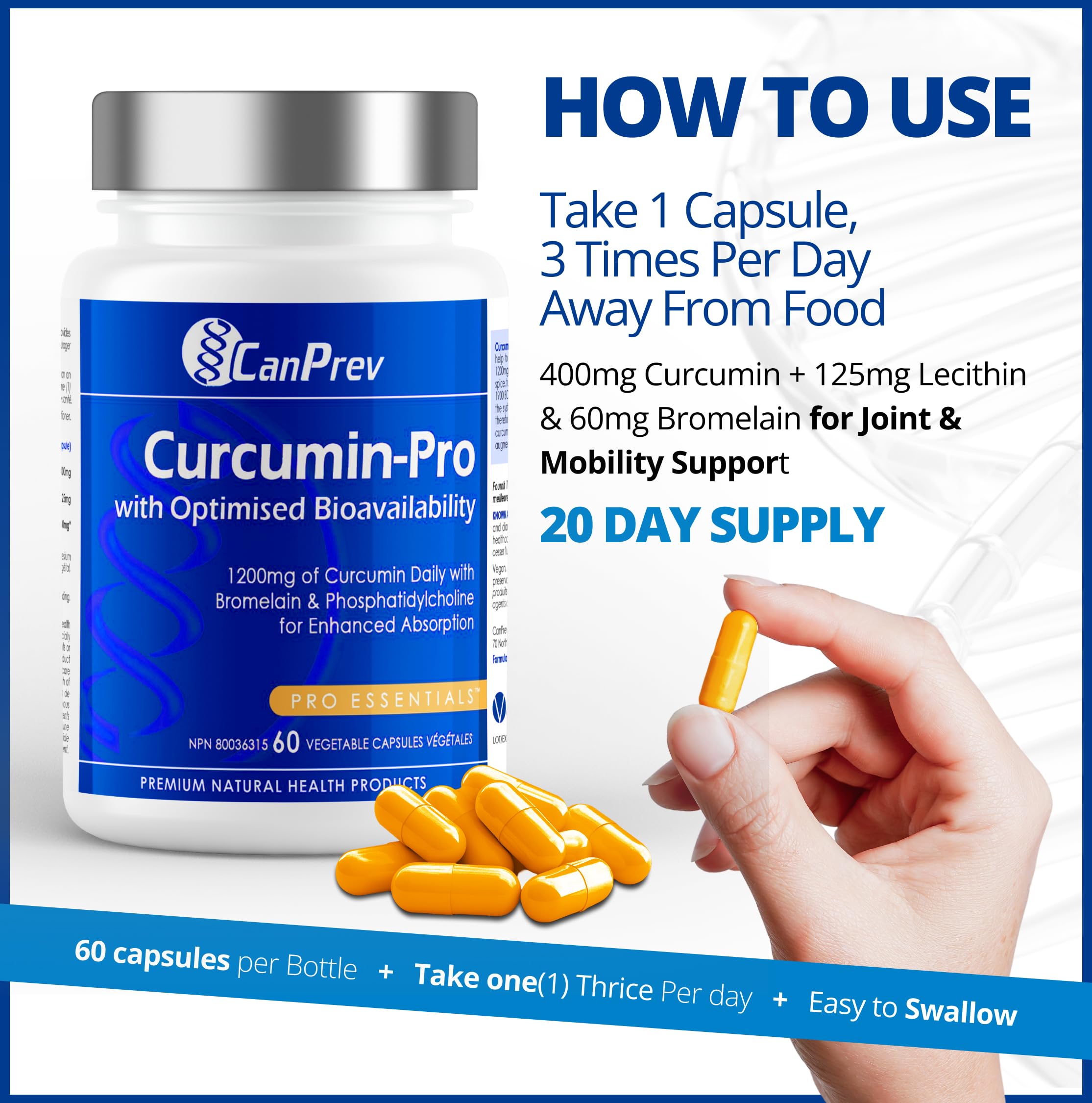 CanPrev Curcumine Pro 60 V-Capsules végétaliennes - 1200mg - Enrichie en phosphatidylcholine et bromélaïne pour une absorption optimale - Un mélange de curcumine de curcuma pour le soutien des articulations
