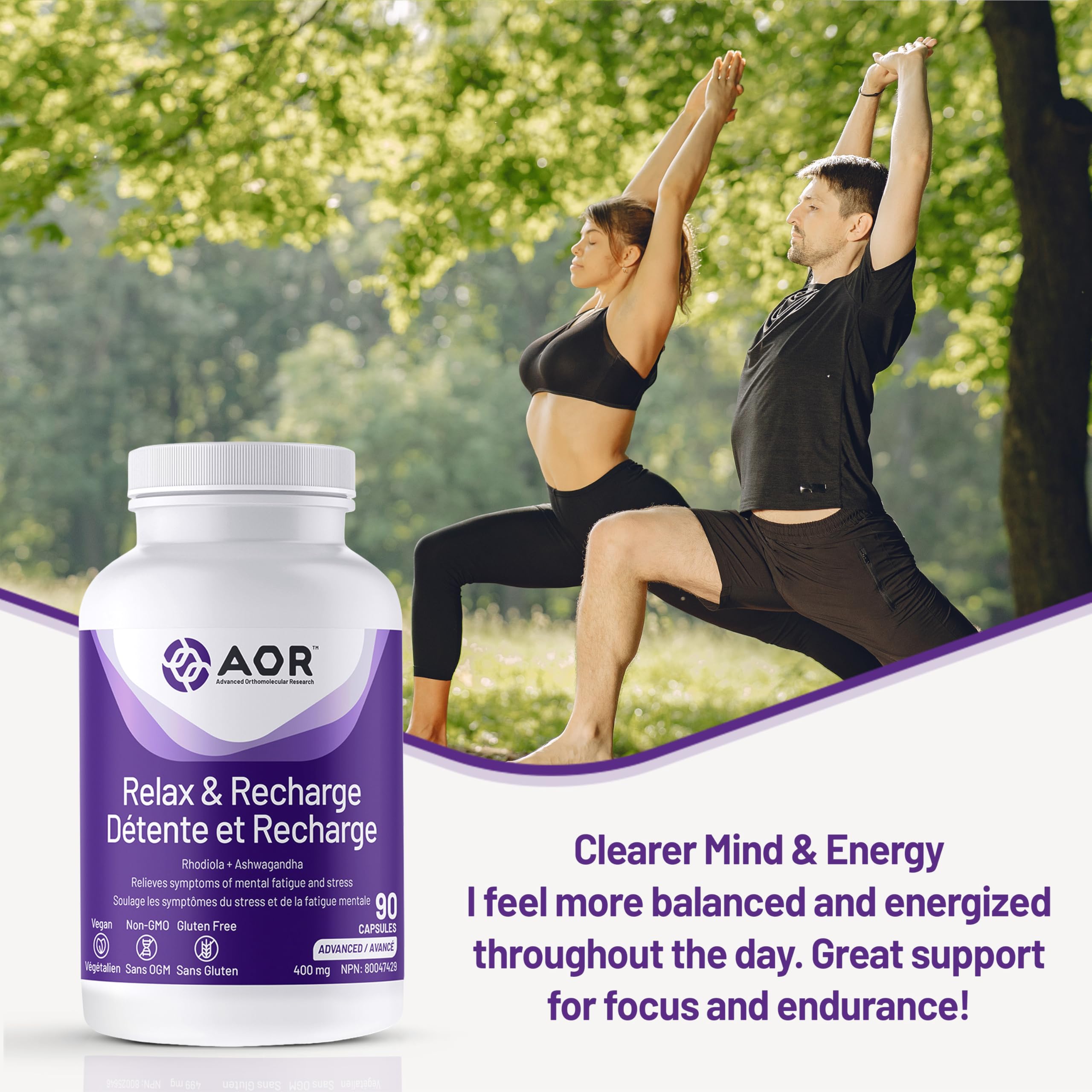 AOR Relax & Recharge 400mg 90 Gélules Fourniture de 90 Jours - Extrait de Rhodiola Rosea & Ashwagandha, Supplément Herbal - Conçu pour une Meilleure Concentration & Clarté Mentale, Soutient le Calme & la Vitalité, Végétalien, Sans OGM