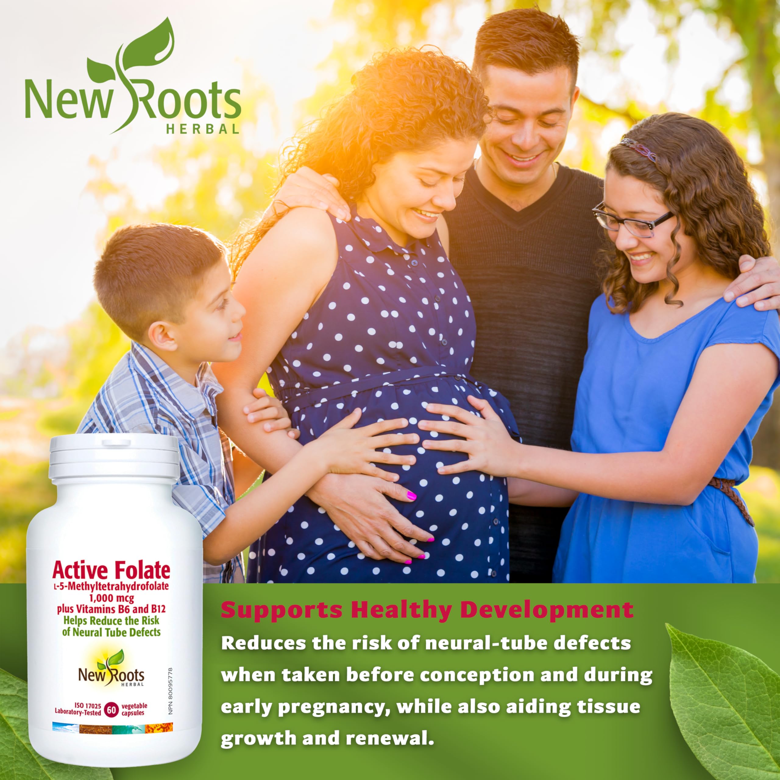 New Roots Herbal Folate Actif, 1000mcg L-5-MTHF avec Vitamines B6 & B12, Soutien Prénatal pour la Santé du Tube Neural & la Formation des Globules Rouges, 60 Gélules Végétales, Approvisionnement de 60 Jours
