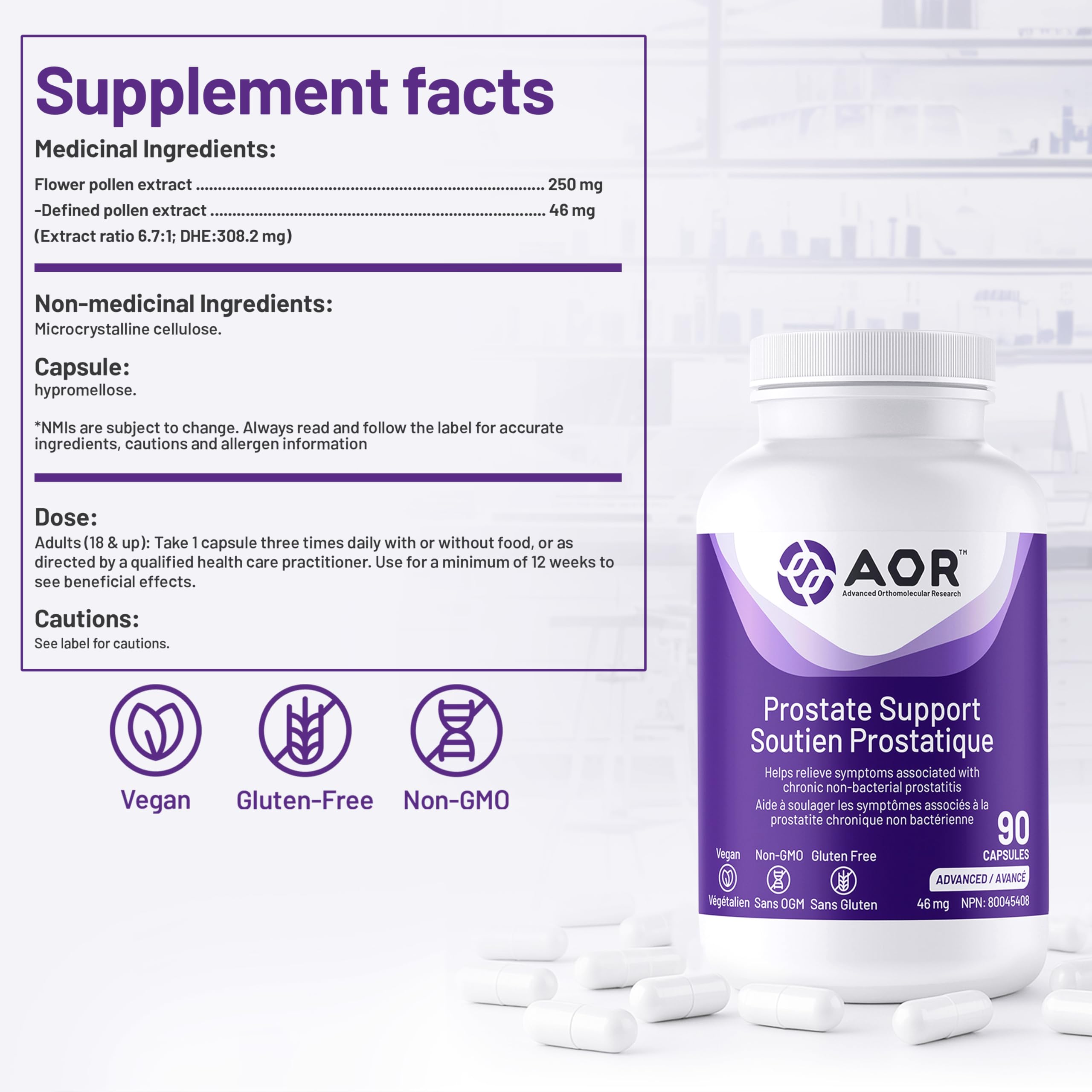 AOR Prostate Support, 90 gélules végétaliennes, cure de 30 jours – Formule pour la santé de la prostate pour hommes – Soutient la fonction prostatique et la santé urinaire – Favorise le confort urologique – Améliore la vitalité masculine