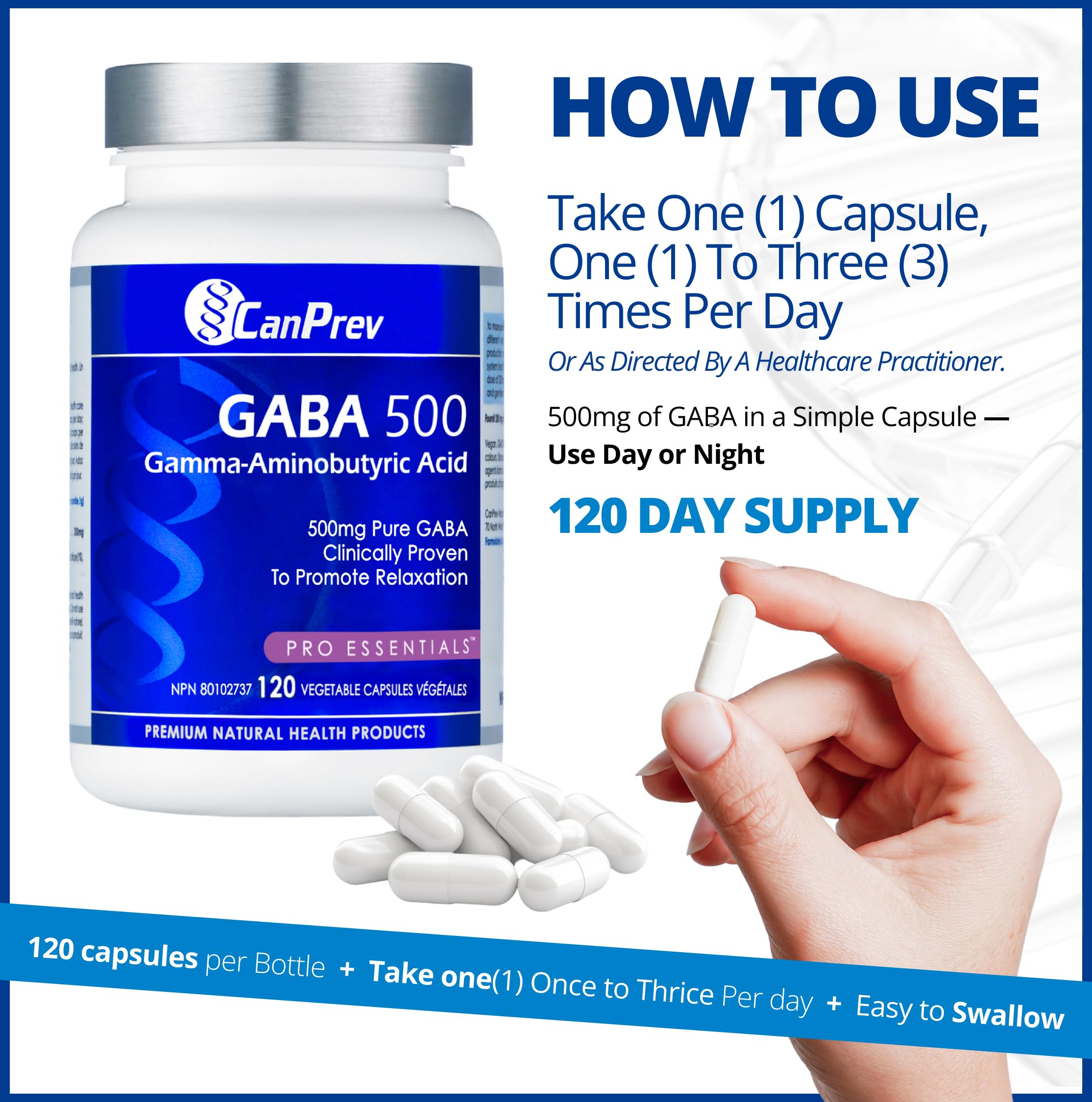 CanPrev GABA 500mg, 120 V-Capsules, Approvisionnement de 120 Jours - Supplément Pur de GABA pour la Relaxation et un Sommeil Réparateur - Acide Gamma-Aminobutyrique 500mg - Végétalien - Soutien Cérébral pour un Esprit Calme et Concentré - Végétalien