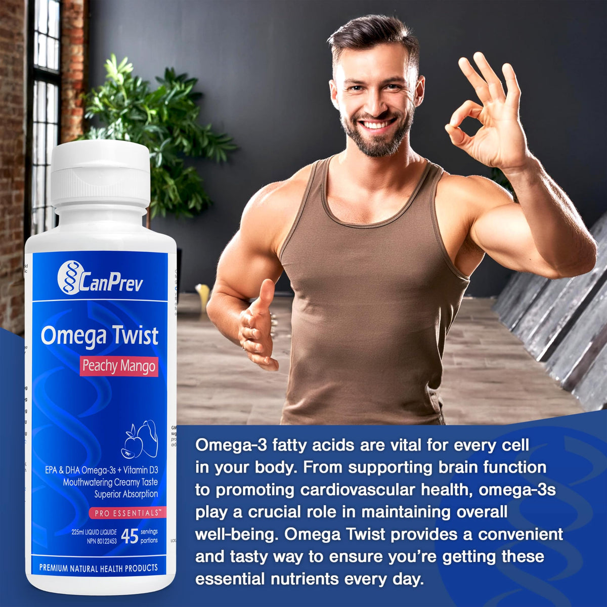 CanPrev Omega Twist Omega 3 Liquid Supplement, Vitamin D3, 45 Servings