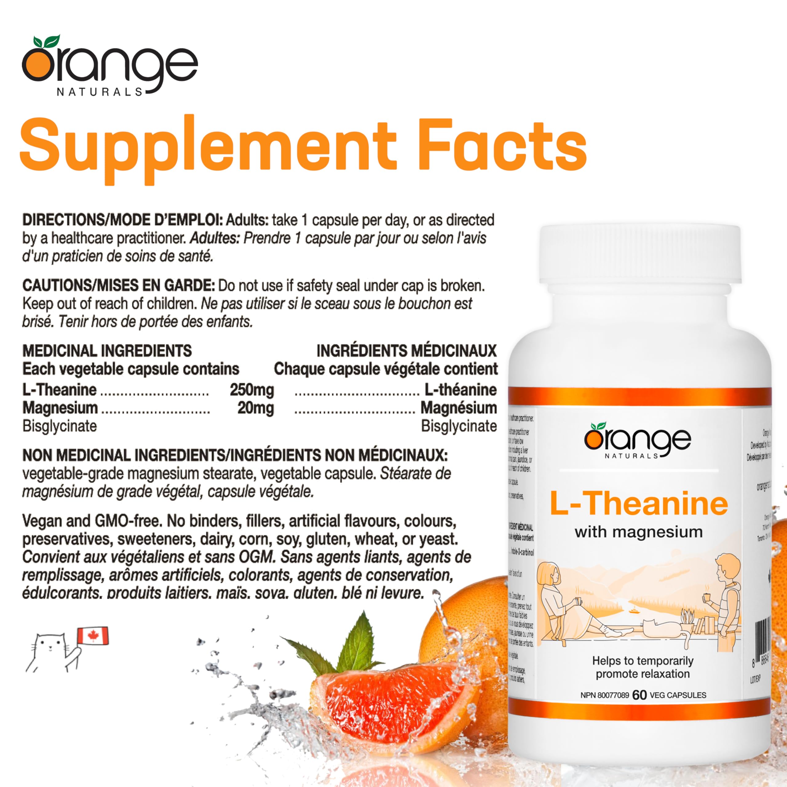 Orange Naturals - L-Théanine et Bisglycinate de Magnésium 250 mg, 60 gélules (approvisionnement de 60 jours) - Soutien amélioré pour le sommeil et la relaxation sans somnolence, favorise le calme mental - Végétalien et sans OGM