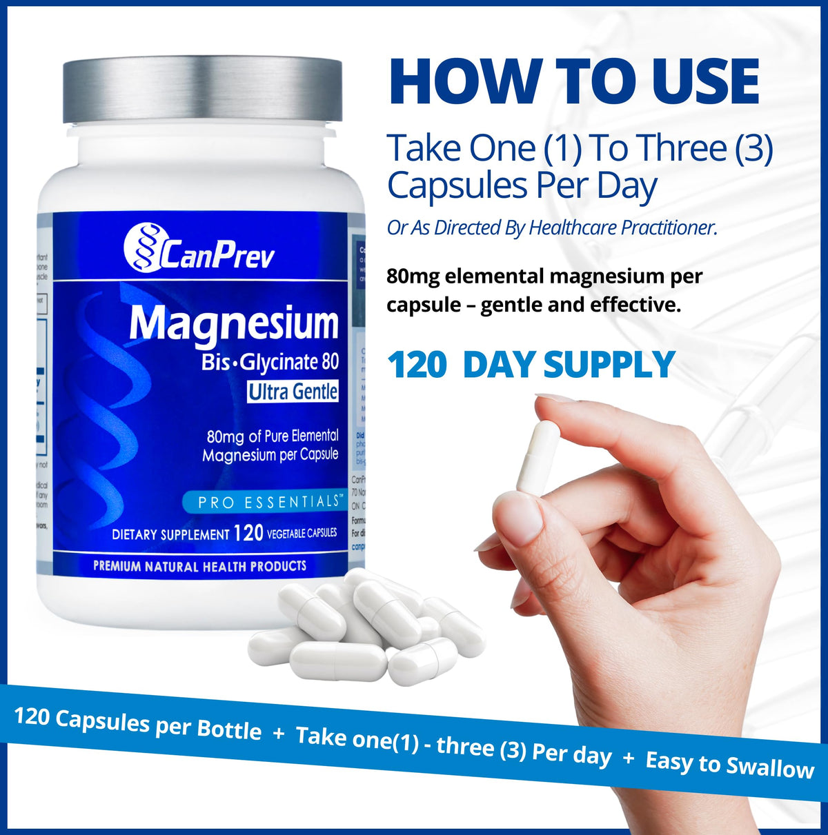 CanPrev Magnesium Bisglycinate 80 mg Capsules, Made in Canada, 120 Capsules