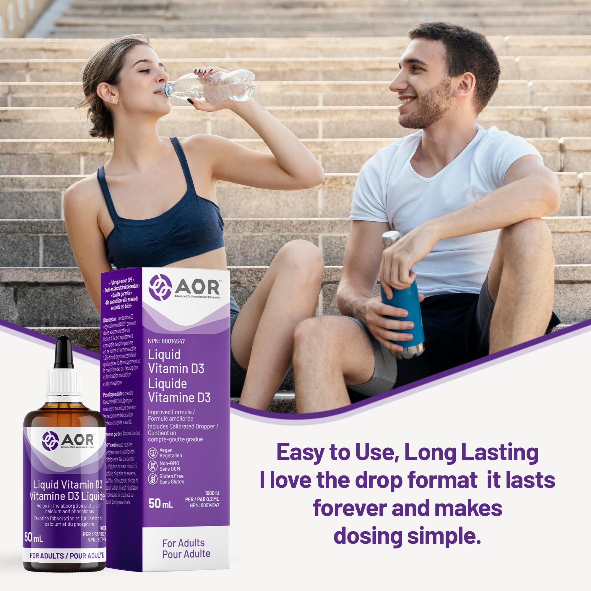 AOR - Vitamin D3 1000 IU, 50 ml Vdrops - Liquid Vitamin D3 Drops for Adults - Cholecalciferol Vitamin D3 with Calcium for Bone Health and Immune System Support - Vegan Vitamin D3 Supplement
