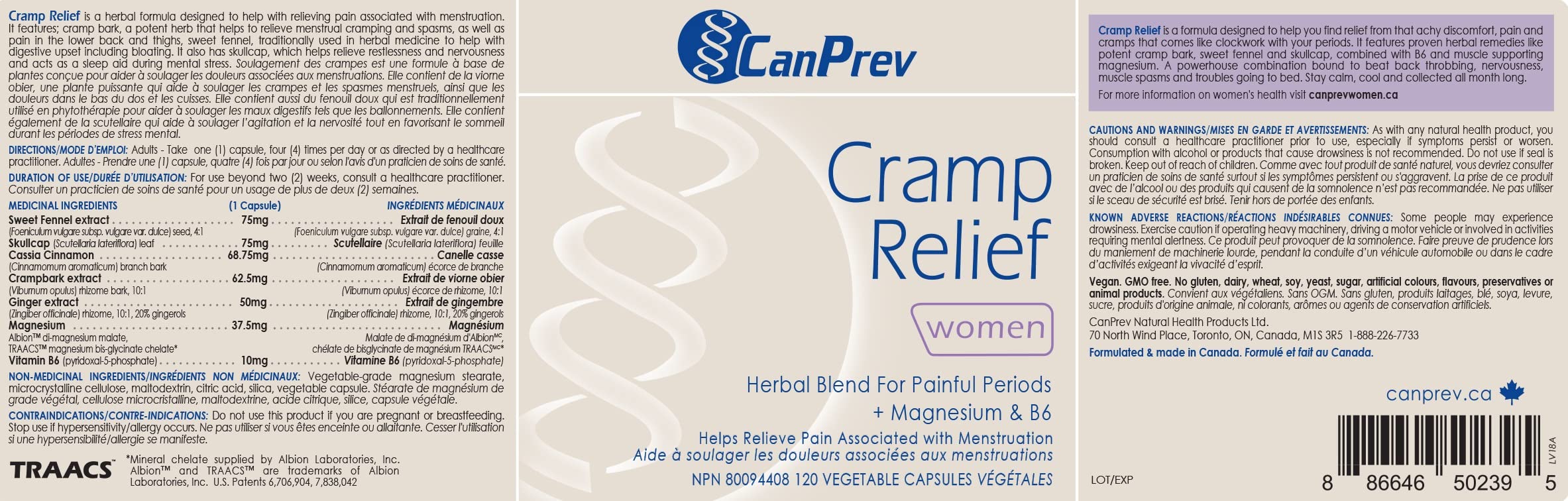 CanPrev Cramp Relief Women, 120 gélules végétaliennes (approvisionnement de 30 jours) - Soulage les spasmes musculaires et la douleur associés aux menstruations - Soulage la nervosité et la tension associées aux règles douloureuses