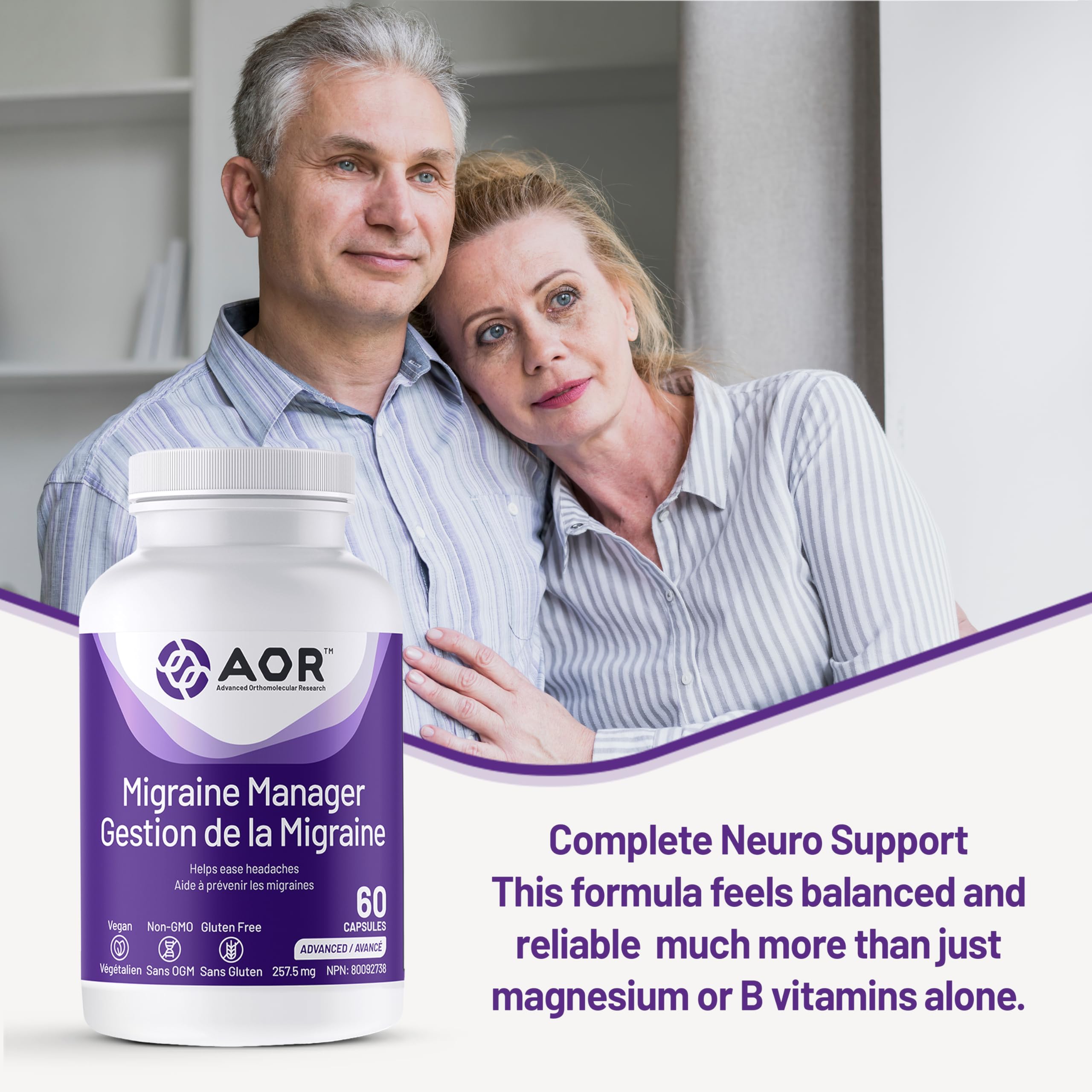 AOR Migraine Manager 60 Caps 30-Day Supply - Balanced Support with Riboflavin, Feverfew Extract & Magnesium Citrate - Brain Health Supplement for Adults - Natural Calm for Head Comfort & Sleep Support