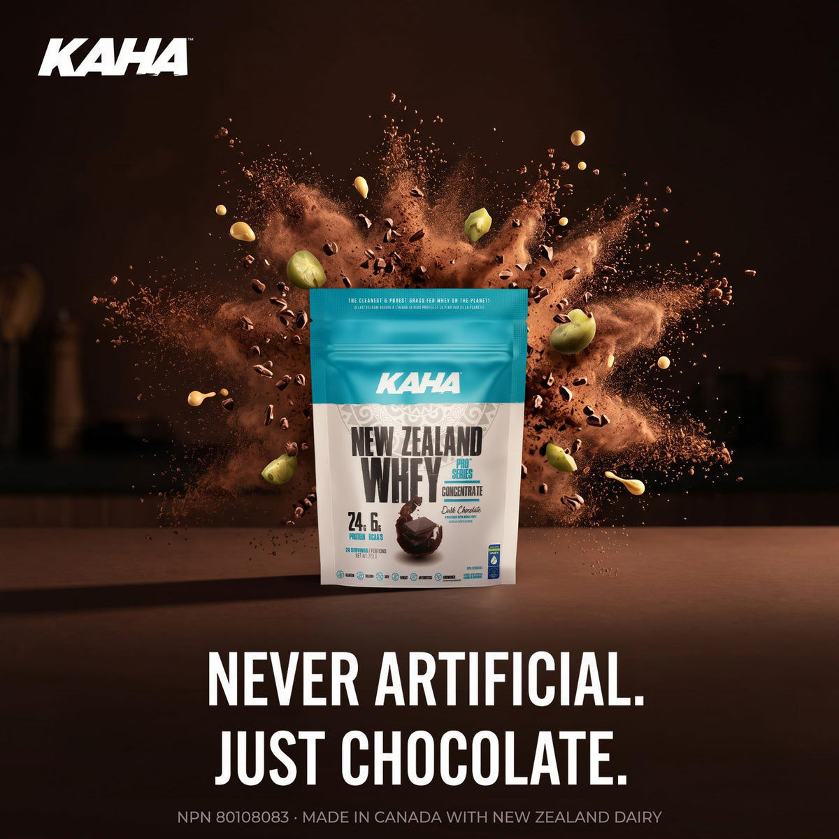 Kaha Nutrition NZ Whey Concentrate 720g Powder, Dark Chocolate Flavour - 24g Protein, 6g BCAAs, Grass-Fed Powder for Muscle Support & Active Lifestyle