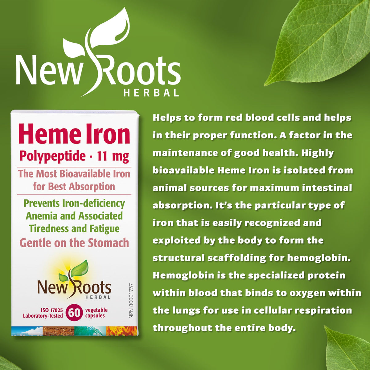 New Roots Herbal Heme Iron Capsules, Vitamin C, B12, Folate, 60 Capsules
