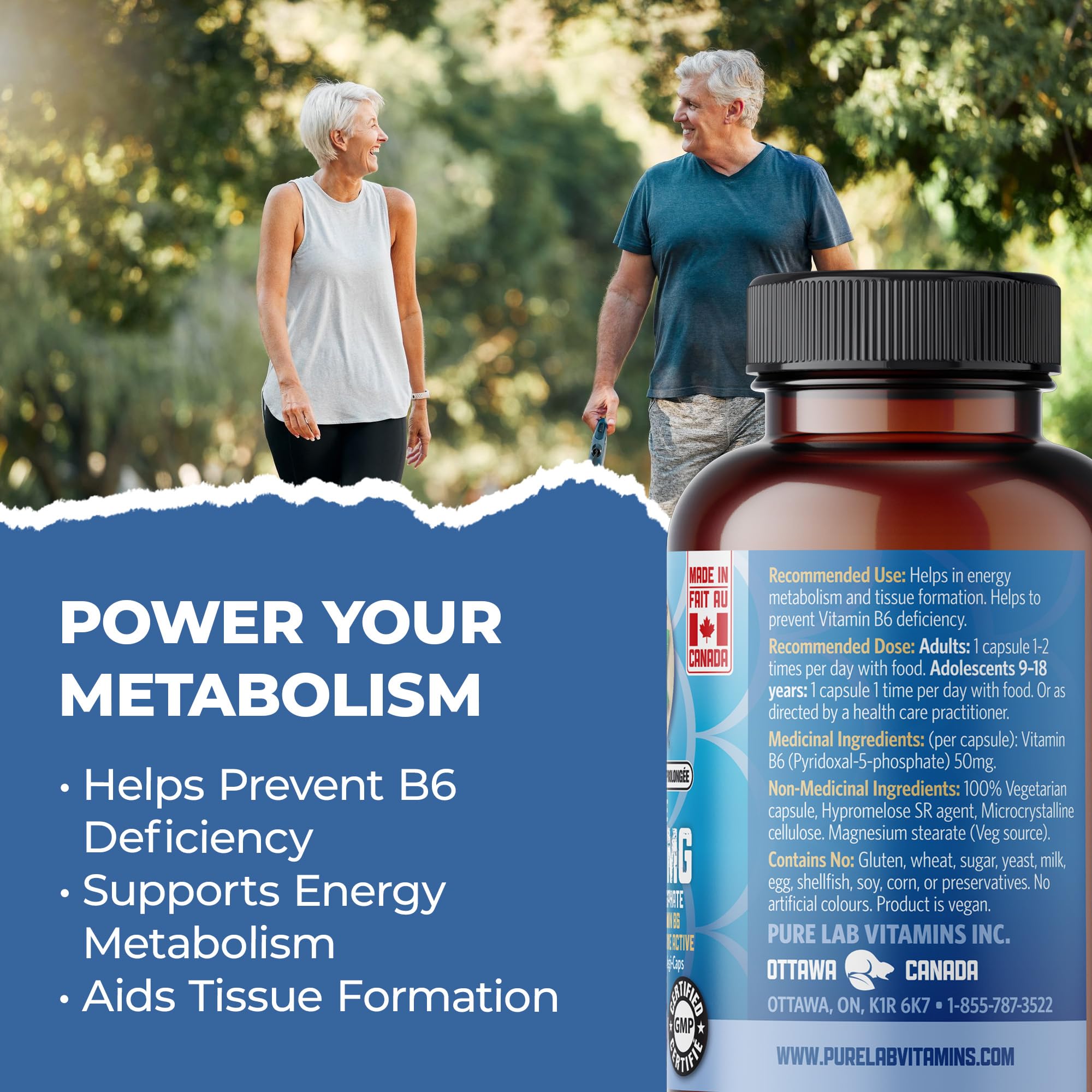 Pure Lab Vitamins B6 Bioactive (Pyridoxal-5-Phosphate) 50 mg - Libération Lente - 60 Gélules Végétales