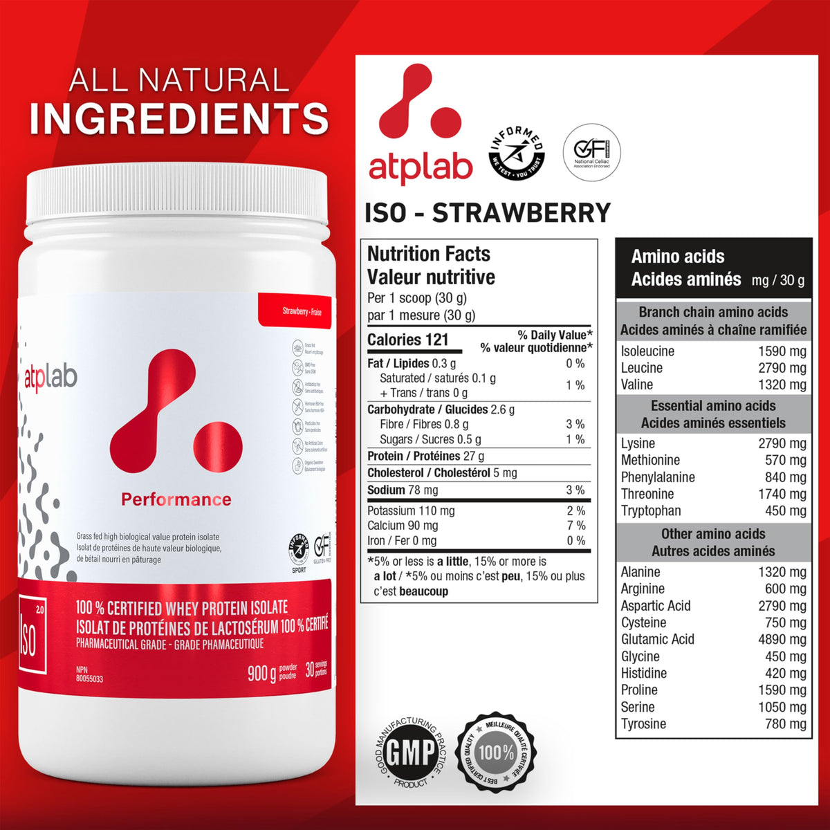 atplab Whey Protein Isolate Powder, Non-GMO, Strawberry, 900g, 30 Servings