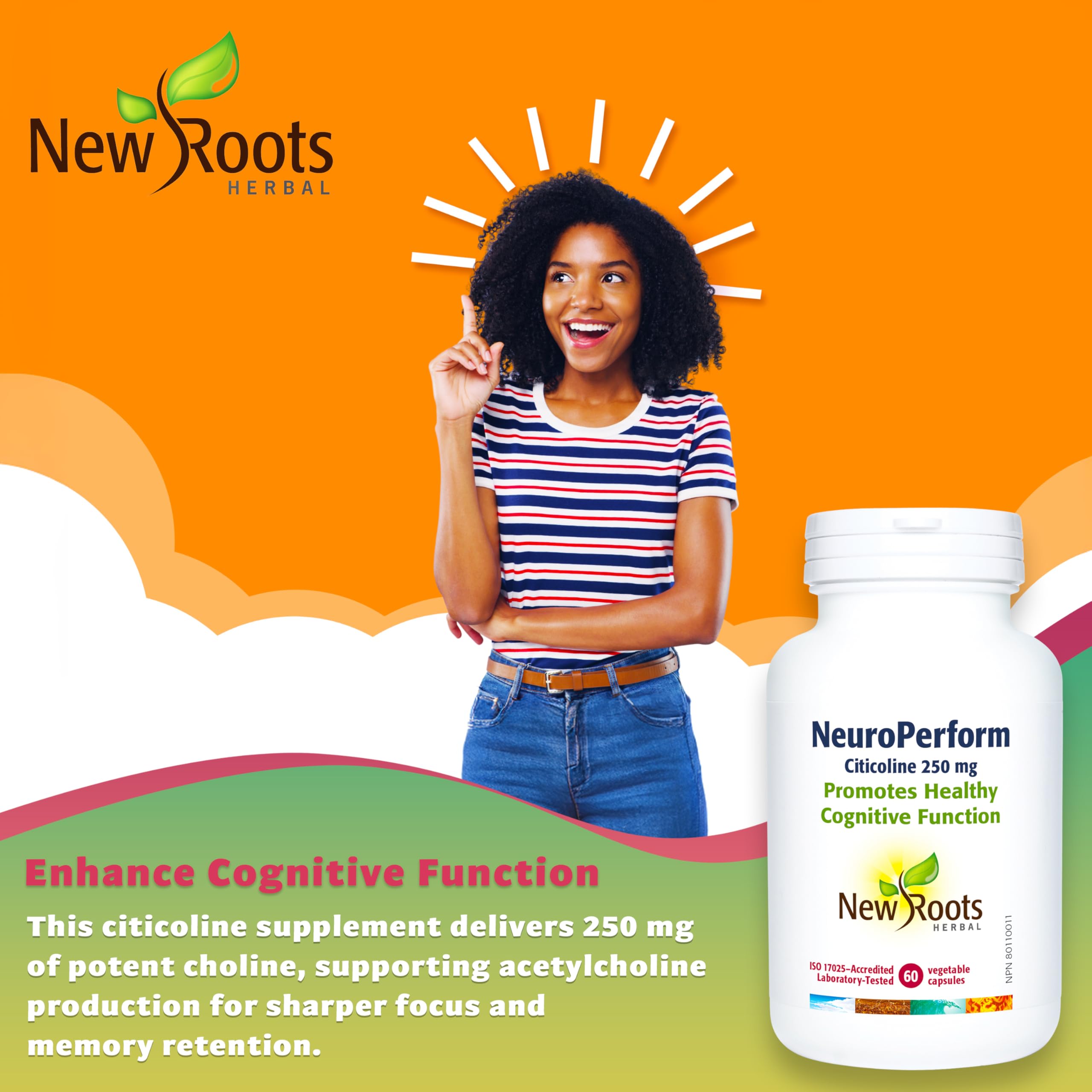 New Roots Herbal Neuro Perform, Citicoline 250 mg, Choline 14 mg, 60 gélules – Phosphatidylcholine, CDP Choline – Soutient les fonctions cognitives et la santé du cerveau, supplément idéal de choline pour la grossesse