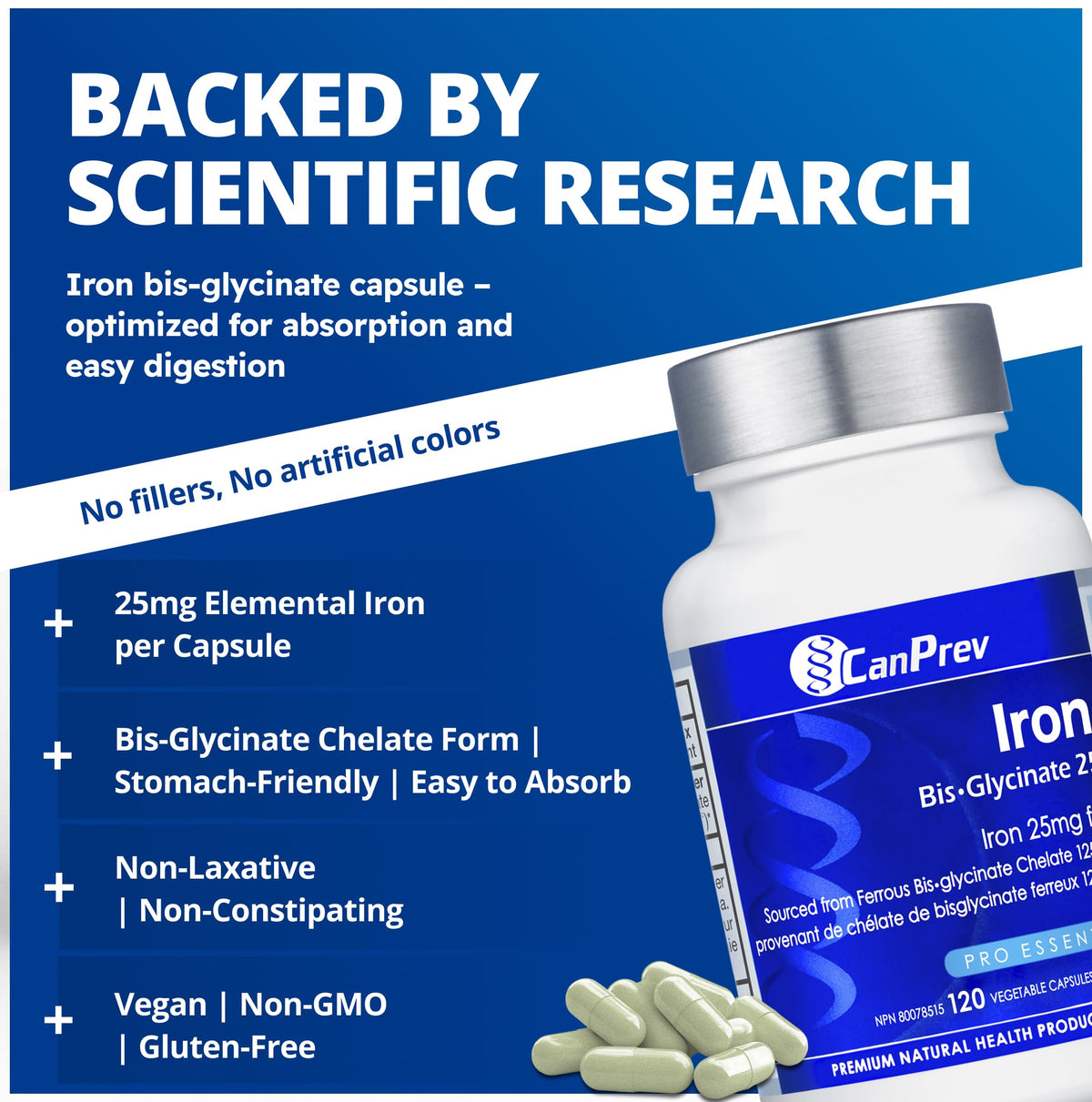 CanPrev Iron Supplement, Bis-Glycinate 25mg, 120 Capsules, 120-Day Supply