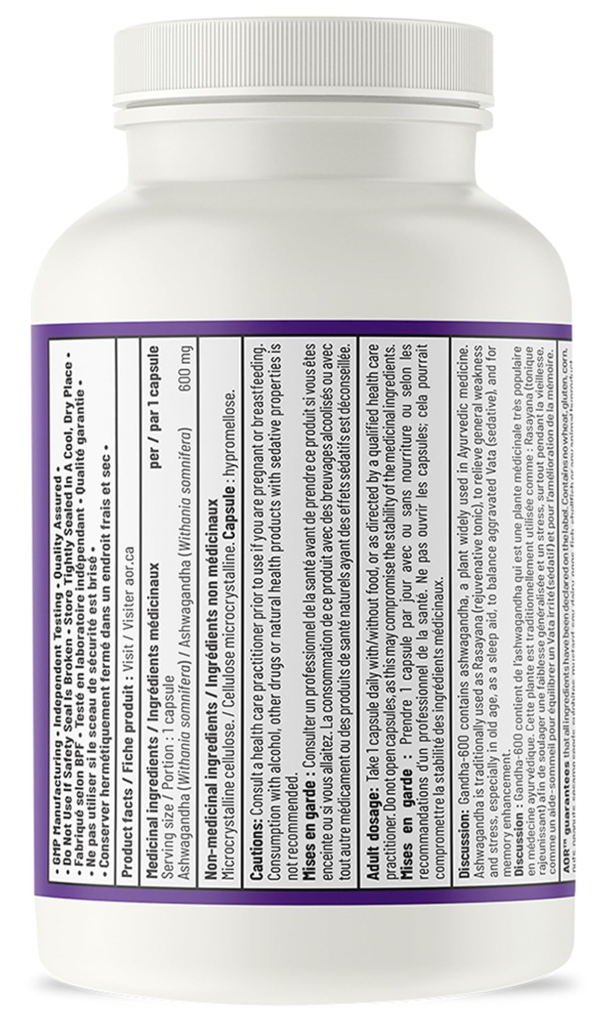 AOR Gandha-600 Organic Ashwagandha Supplement, 600 mg, 120 Capsules
