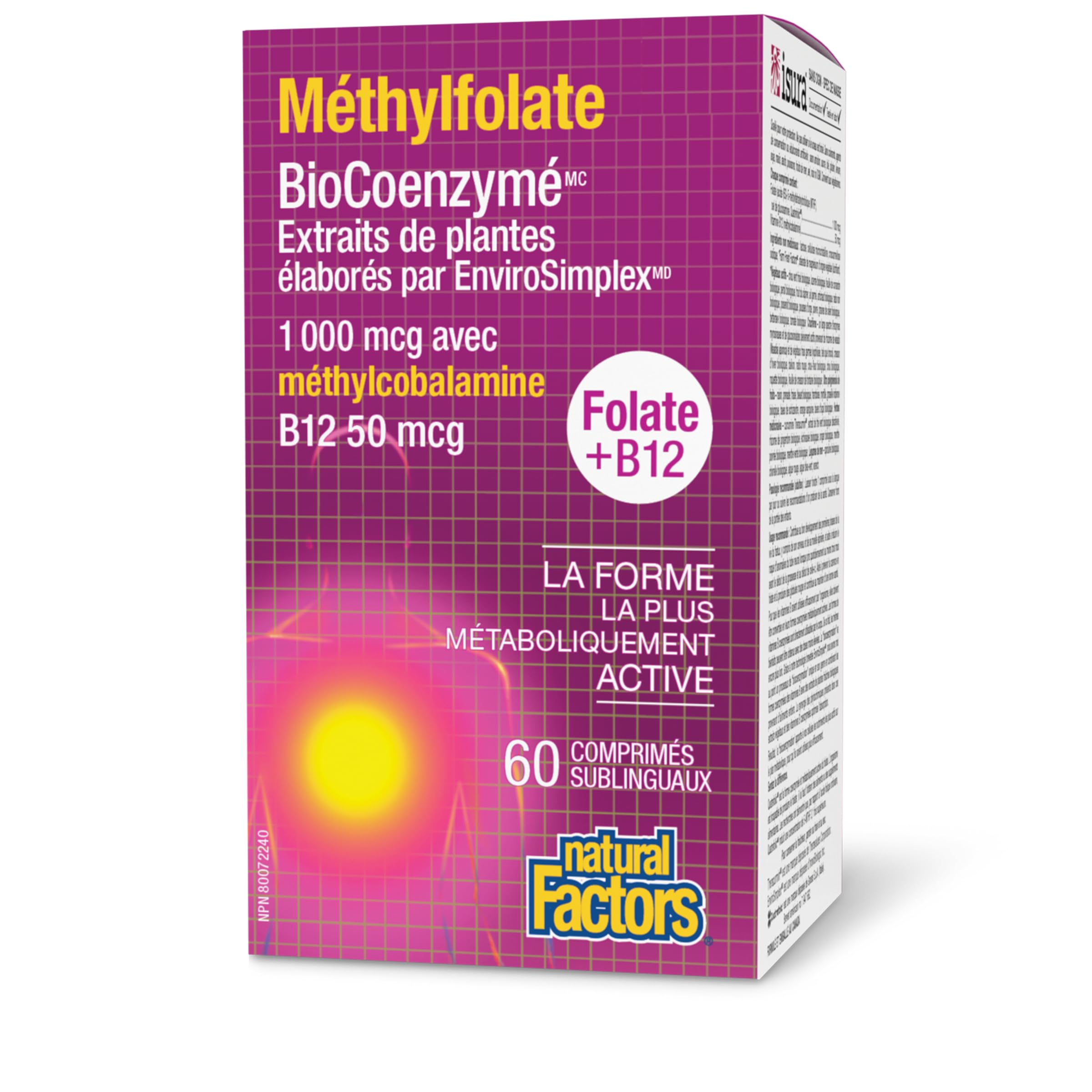 Natural Factors Methylfolate 1 mg Plus Methylcobalamin B12 50 mcg, 60 Sublingual Tablets, BioCoenzymated - The Most Metabolically Active Form of B Vitamins, Proudly Canadian