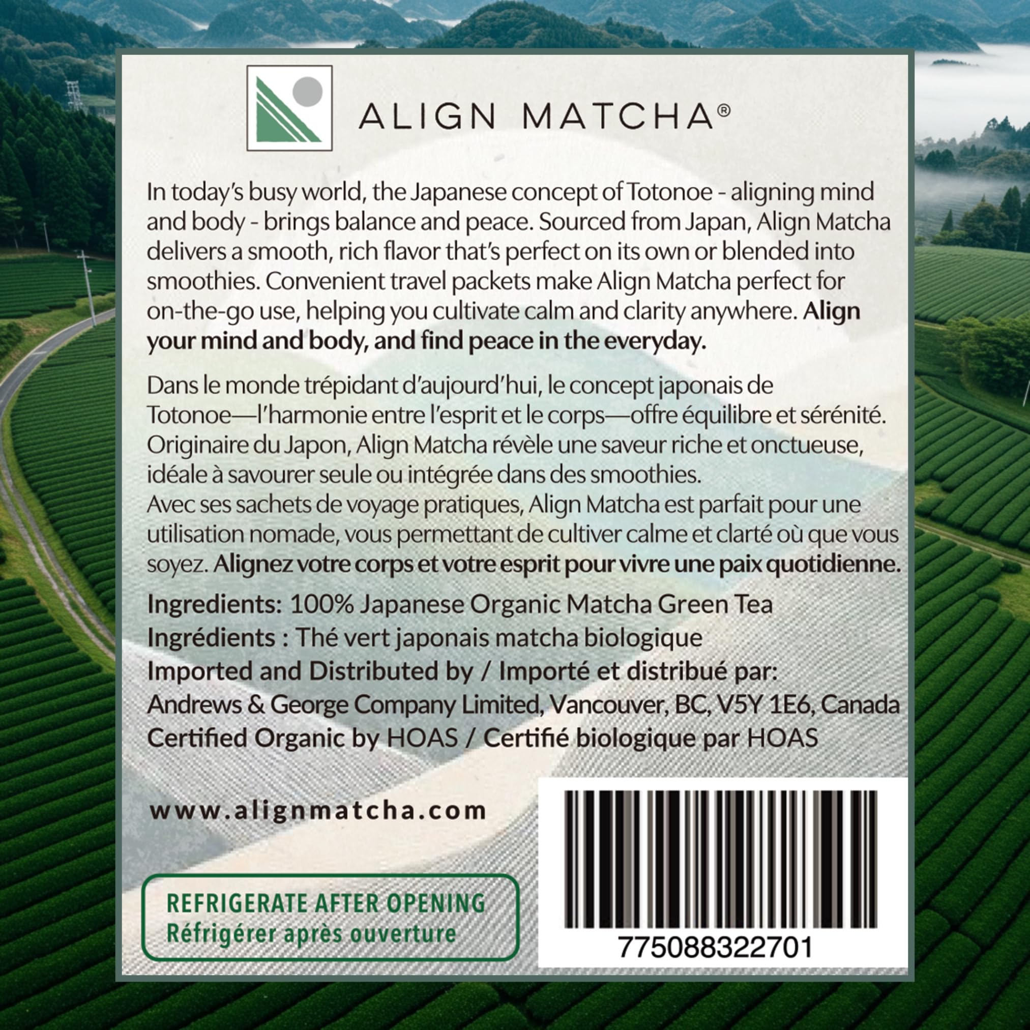 ALIGN MATCHA Sachet de voyage de Matcha Cérémonial Biologique — Ichibancha du Japon, 12 sachets individuels pour fouetter en déplacement