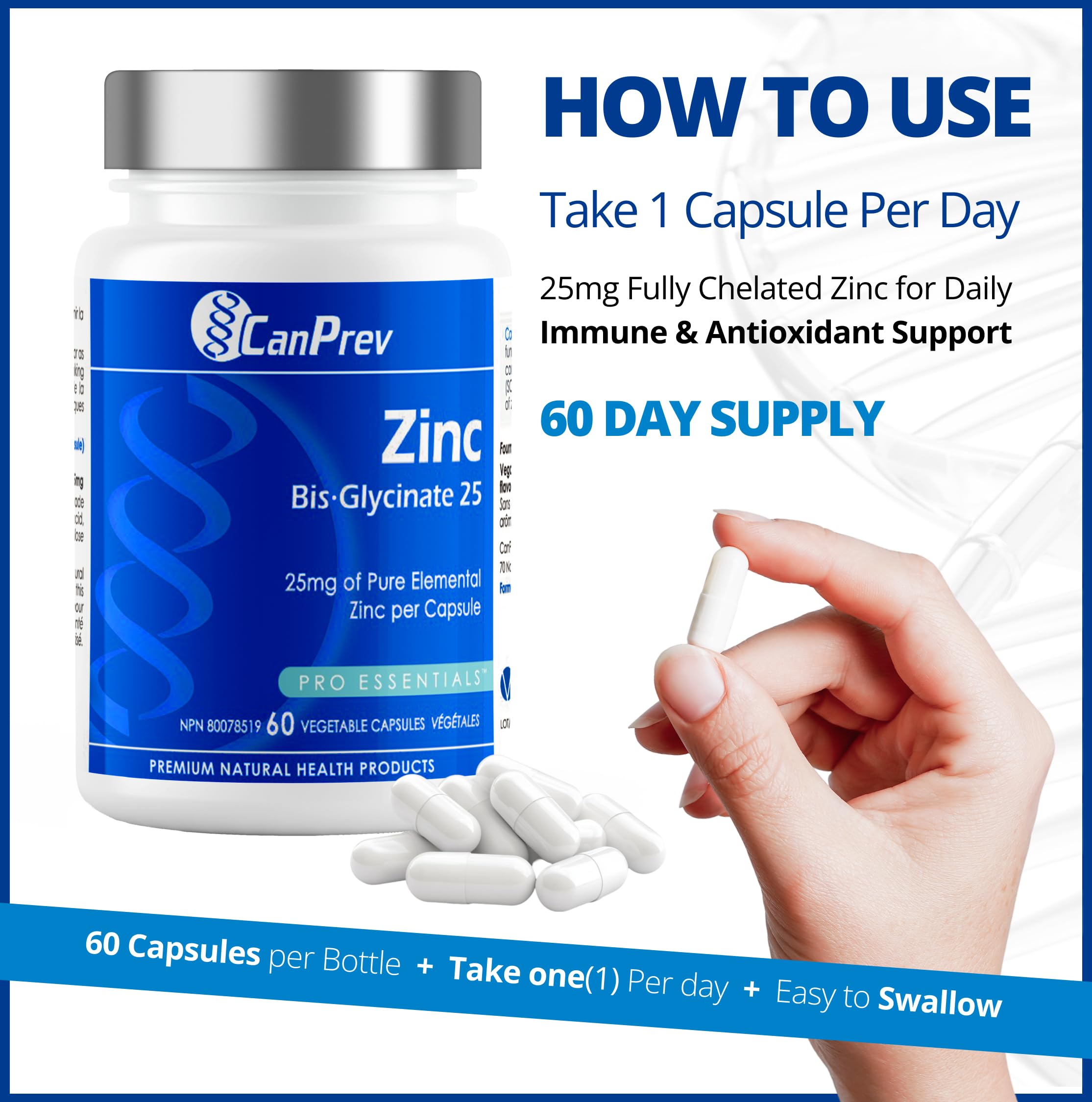 CanPrev Zinc Bis-Glycinate 25mg de zinc élémentaire pur par capsule - Produits de Santé Naturels
