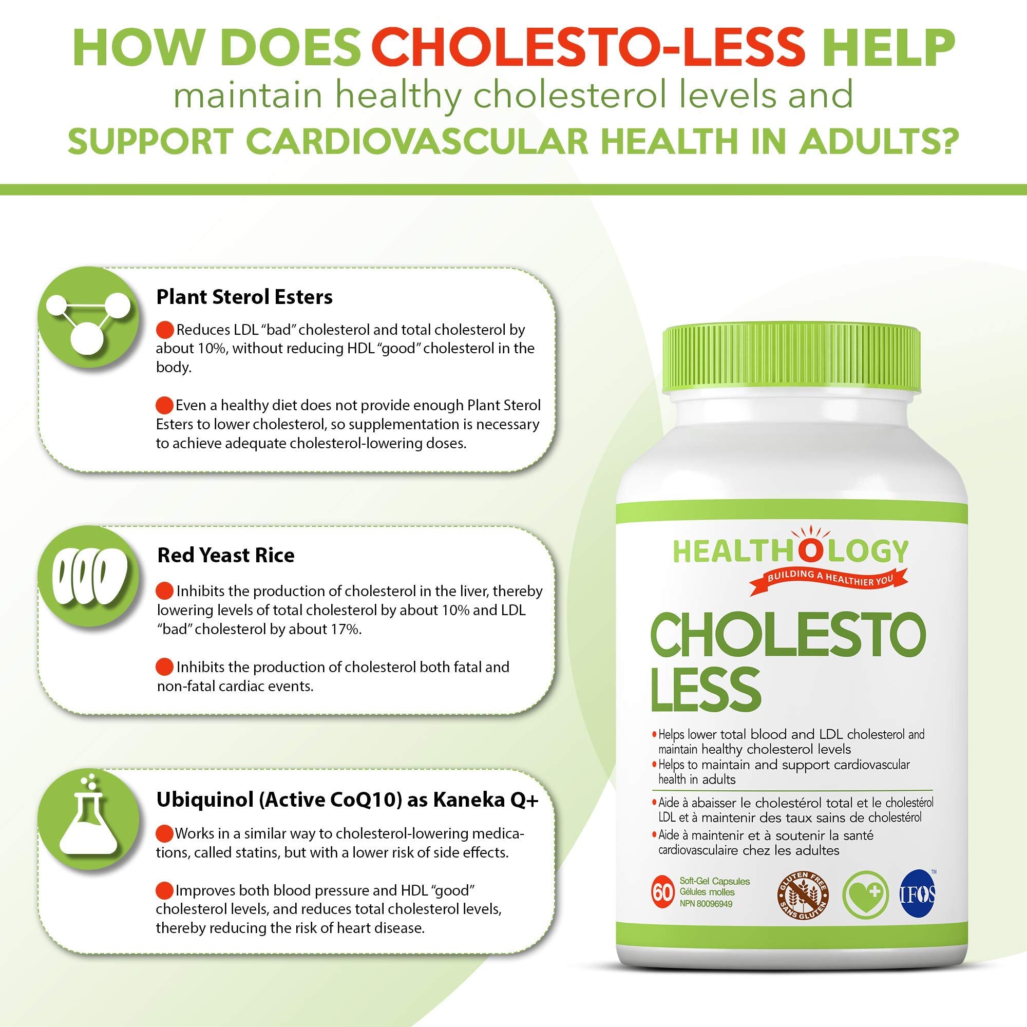Healthology Cholesto-Less – Cholesterol Support Supplement with Plant Sterols, Red Yeast Rice & Ubiquinol CoQ10 – Helps Lower LDL & Support Heart Health – 60 Softgels – Non-GMO, Gluten-Free