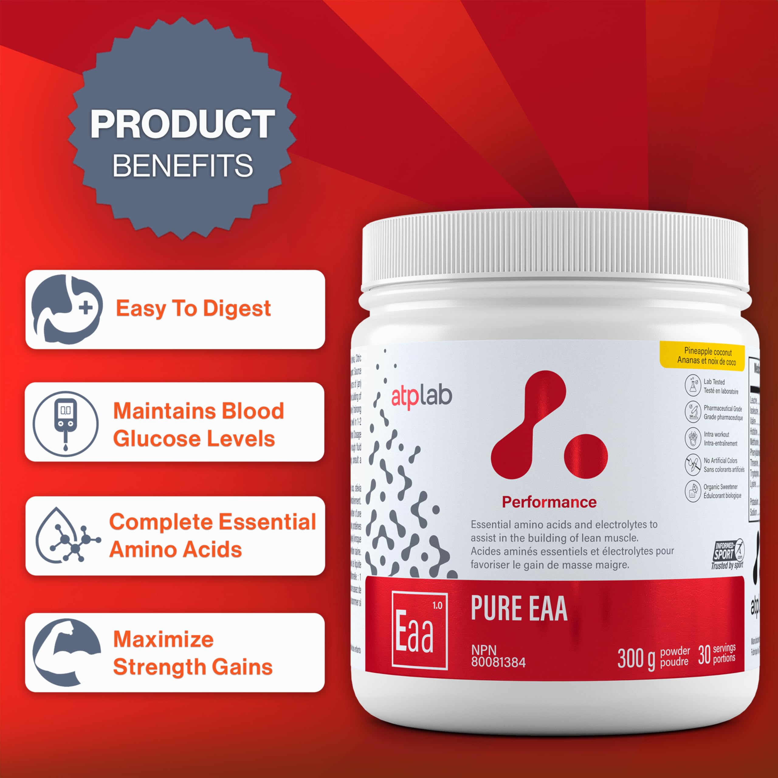 ATP LAB - Pure EAA en Poudre 300g (Saveur Framboise) - Supplément EAA - Poudre d'Acides Aminés Essentiels - Développement Musculaire - Récupération Musculaire
