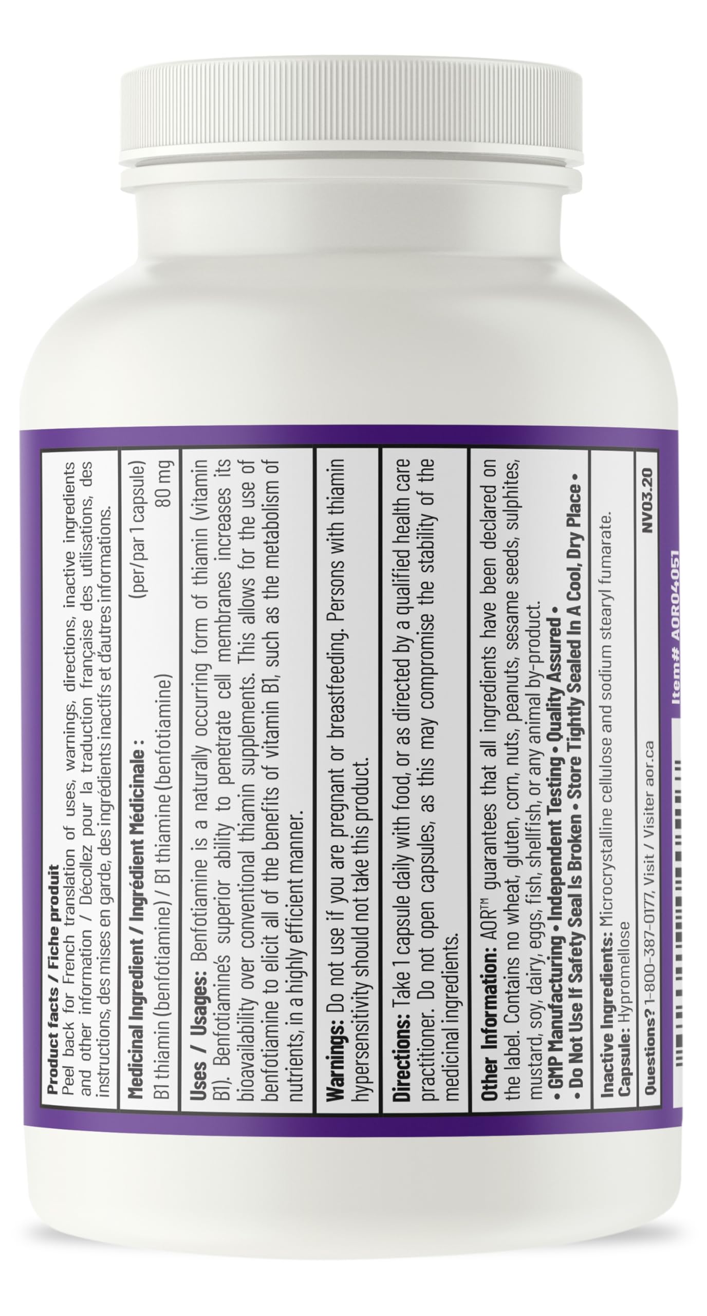 AOR Benfotiamine Vitamine B1 80mg 120 Gélules Fourniture de 120 Jours - Supplément de Complexe de Vitamines B - Végan, Sans OGM, Sans Gluten - Facile à Avaler - Soutient la Production d'Énergie, un Métabolisme Sain et la Circulation