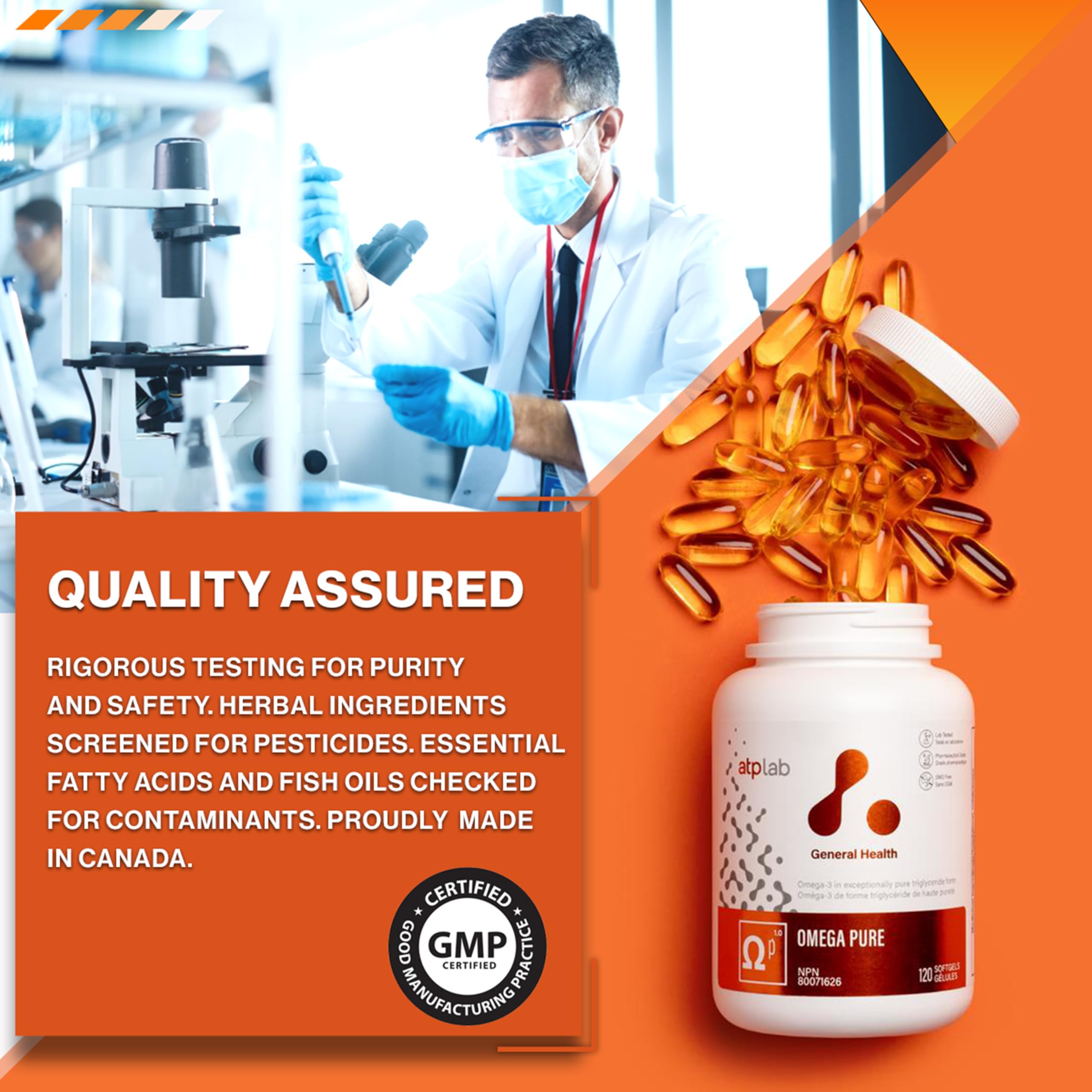ATP Lab Omega Pure 120 gélules – Approvisionnement de 60 jours – Huile de poisson Oméga-3 TG EPA DHA et vitamine E, sans arrière-goût de poisson, favorise la fonction cérébrale et la santé cardiovasculaire, sans OGM, fabriqué au Canada, facile à avaler
