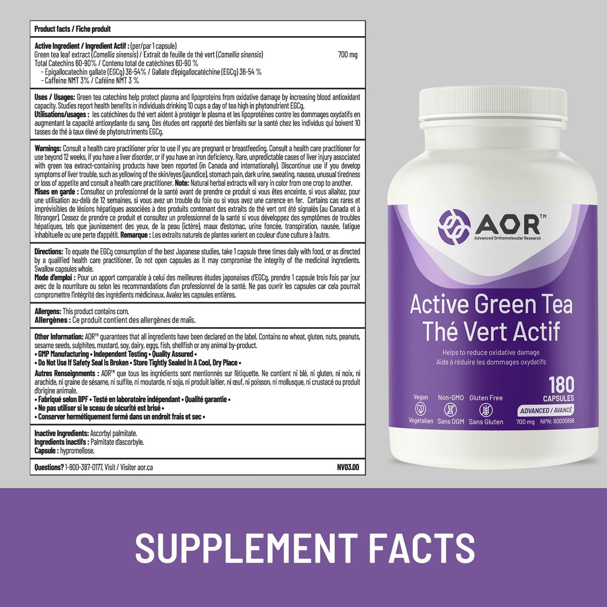 AOR Green Tea Supplement, 315 mg EGCG, Gluten Free, 180 Caps, 60 Day Supply
