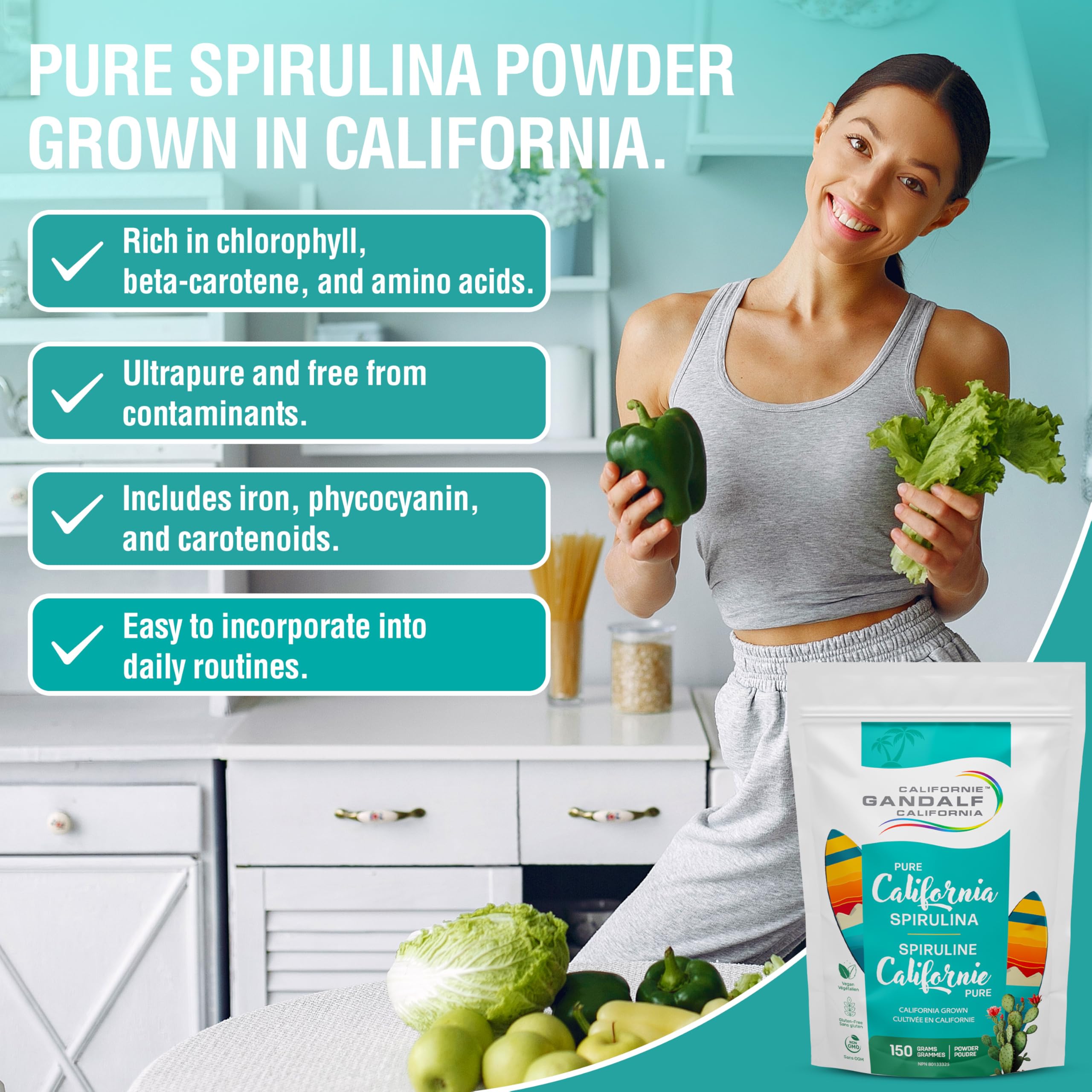 Gandalf California Pure Spirulina Tablets 500mg 150 Tablets - Grown in California, Non-GMO, Vegan, Ultrapure Blue-Green Algae, Packed with Essential Nutrient, Support Vitality & Wellness
