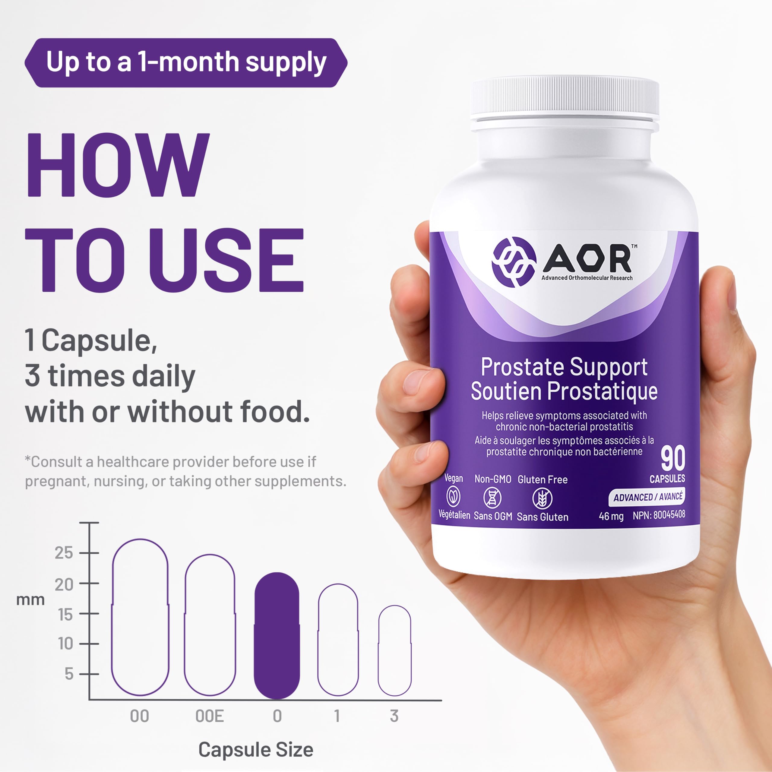AOR Prostate Support, 90 gélules végétaliennes, cure de 30 jours – Formule pour la santé de la prostate pour hommes – Soutient la fonction prostatique et la santé urinaire – Favorise le confort urologique – Améliore la vitalité masculine