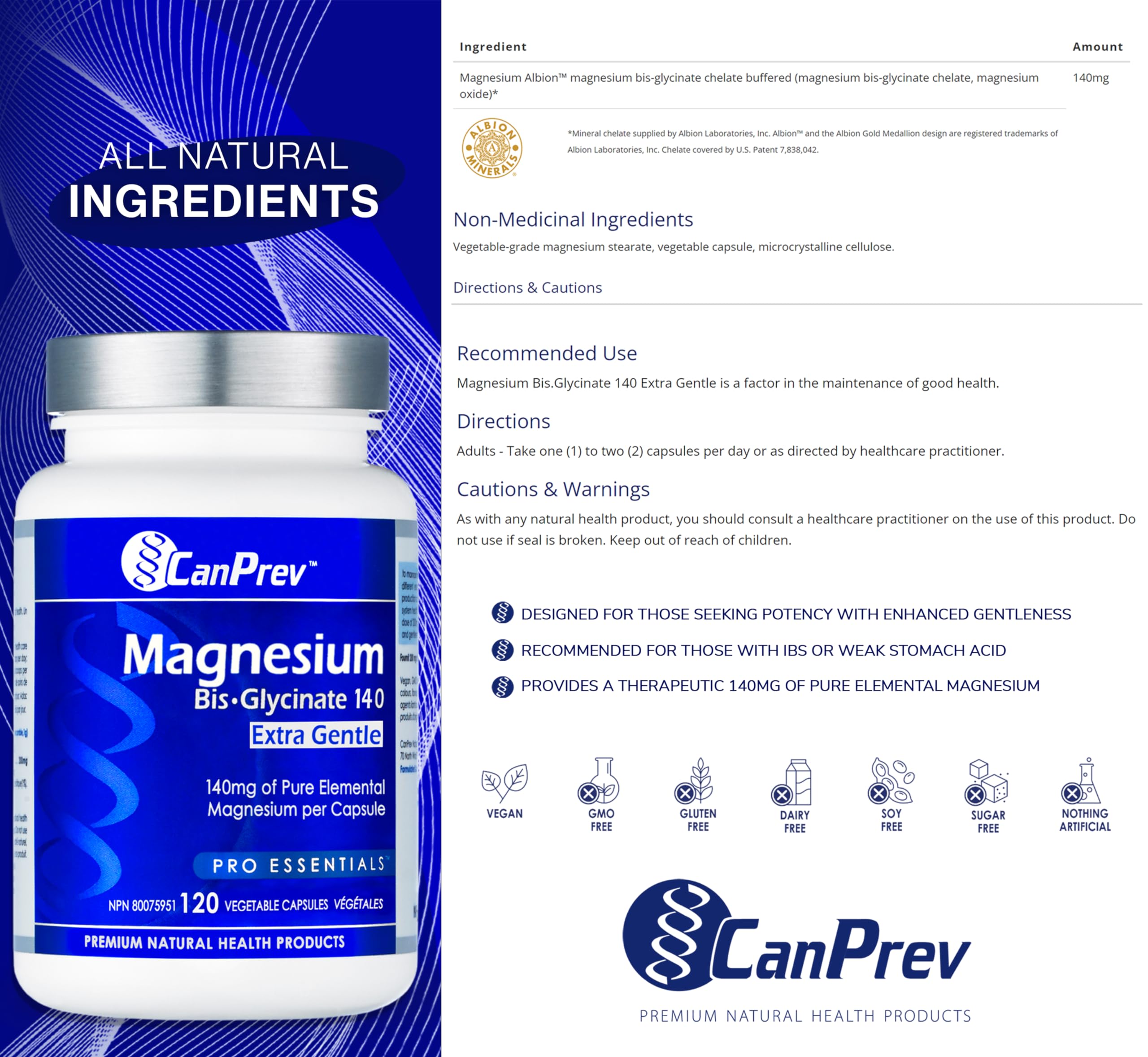 CanPrev Bisglycinate de magnésium 140mg (Ultra doux) l Favorise la production d'énergie l Os, dents et muscles solides