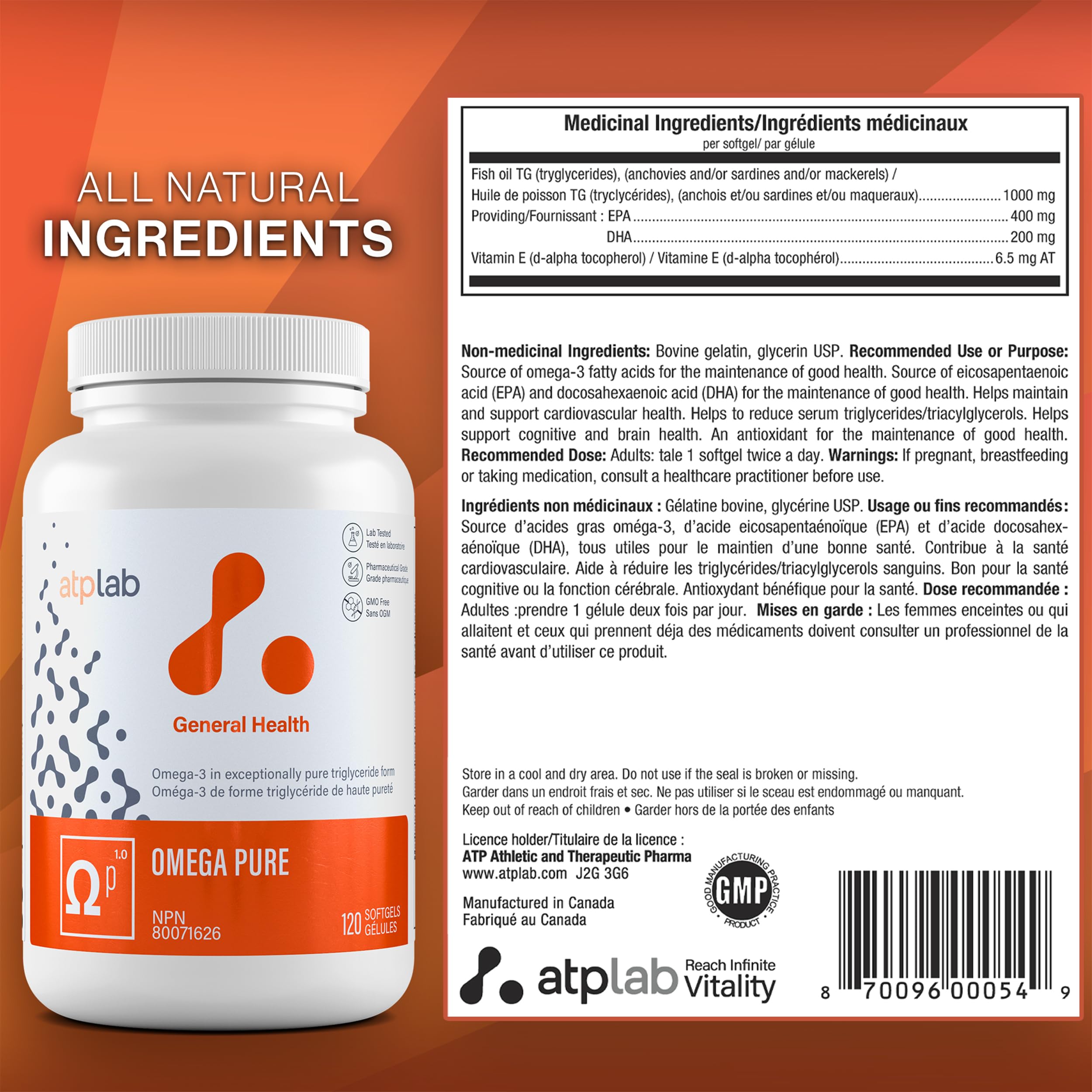 ATP Lab Omega Pure 120 gélules – Approvisionnement de 60 jours – Huile de poisson Oméga-3 TG EPA DHA et vitamine E, sans arrière-goût de poisson, favorise la fonction cérébrale et la santé cardiovasculaire, sans OGM, fabriqué au Canada, facile à avaler
