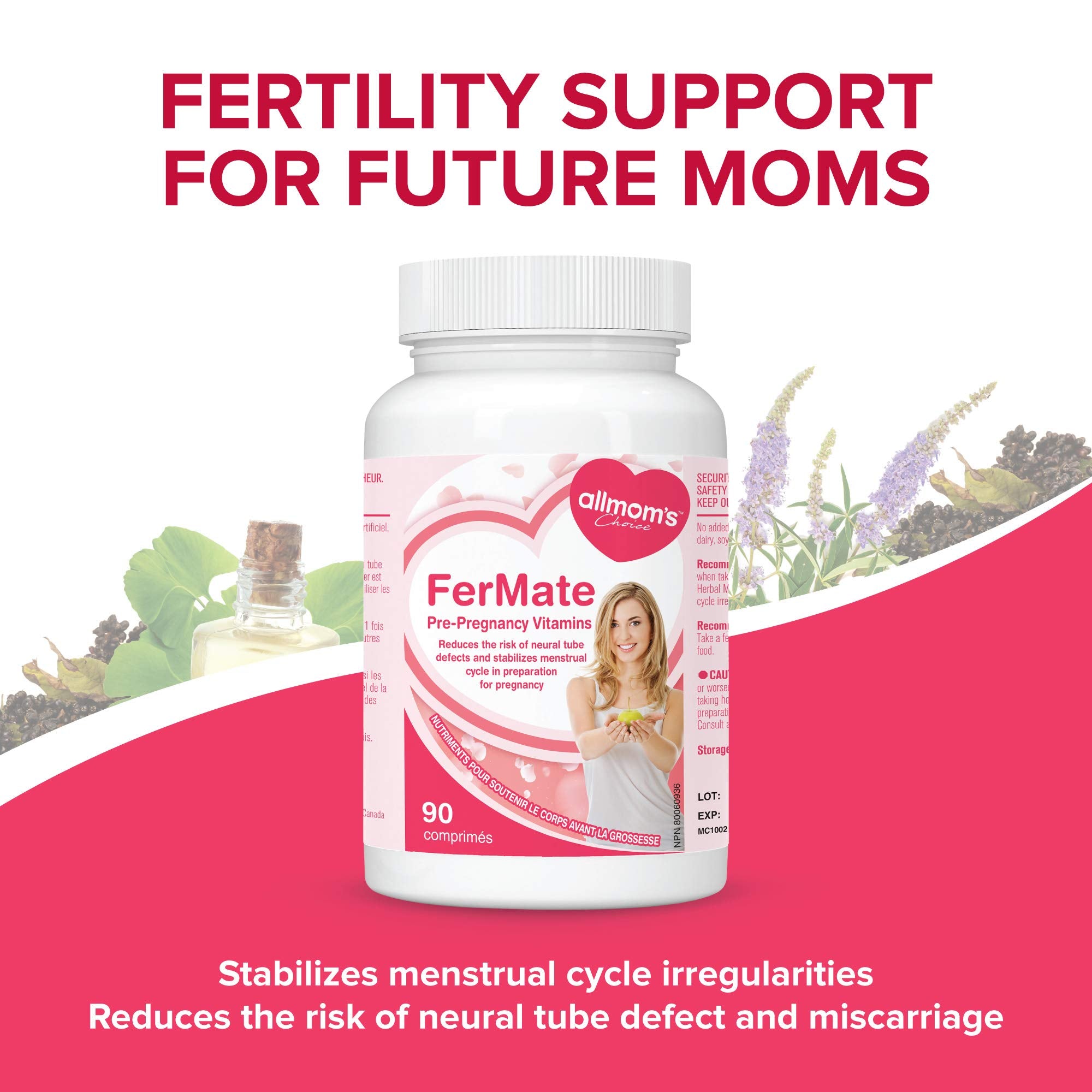 Vitamines prénatales fertilité pour femmes qui essaient de concevoir, favorise des cycles sains, aide à la fertilité - Vitex (gattilier), PABA, Folate Acide Folique 500mcg, B12, Zinc - 45 jours d'approvisionnement - Allmom's Choice