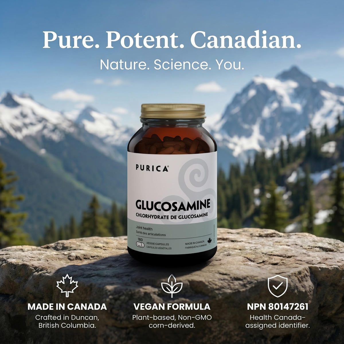 PURICA Vegan Glucosamine HCL Capsules, Made in Canada, 500mg, 180 Capsules
