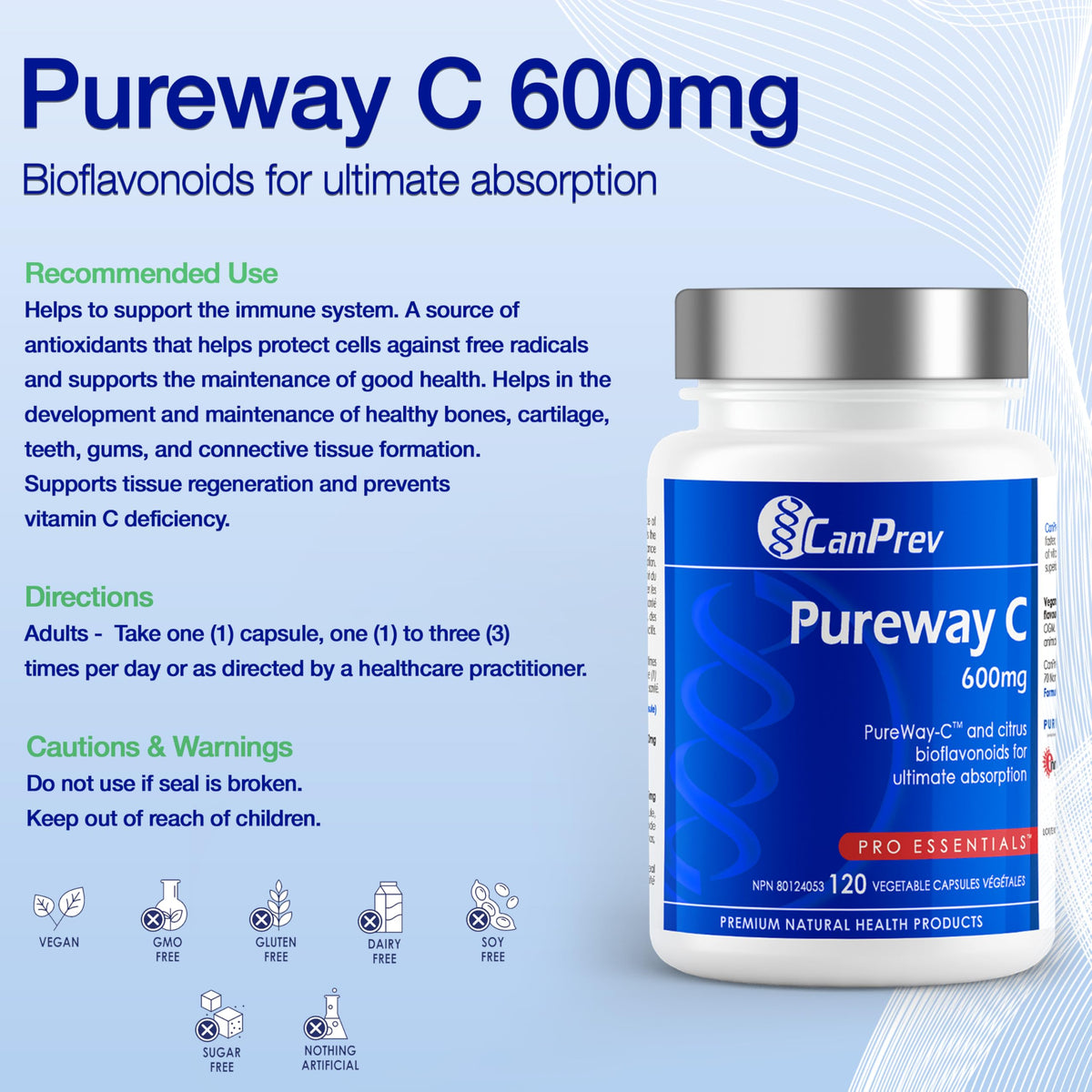 CanPrev Pureway C, Vitamin C Capsules, 600mg, 120 Capsules, 120 Day Supply