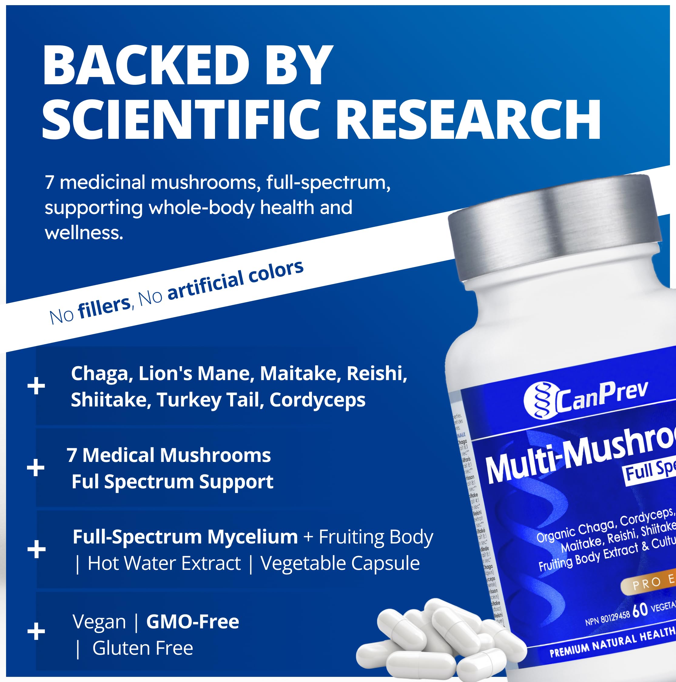 CanPrev Multi-Mushroom Full Spectrum Supplement, 60 Vegan Capsules, 60-Day Supply, Includes Organic Chaga, Cordyceps, Lion's Mane, Maitake, Reishi, Shiitake & Turkey Tail for Daily Wellness Support