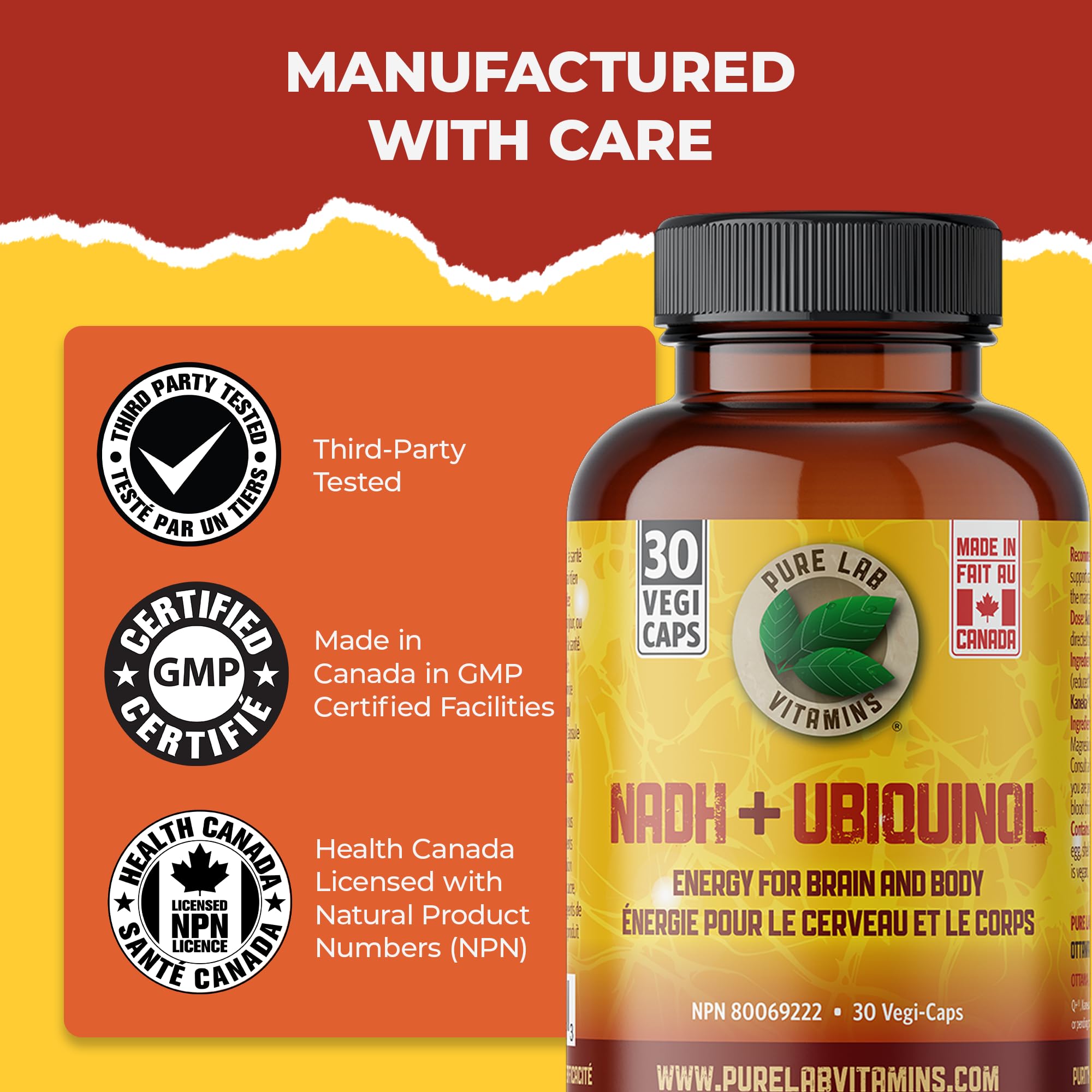 Pure Lab Vitamins | NADH Nicotinamide Adénine Dinucléotide + CoQ10 Ubiquinol