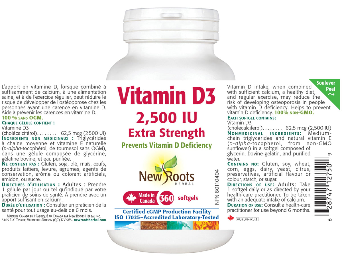 New Roots Herbal - Vitamin D3 2500 IU Extra Strength Softgels