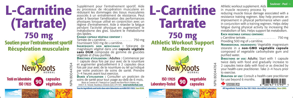 New Roots Herbal L-Carnitine Tartrate 750 mg, Muscle Recovery, 90 Veg Caps