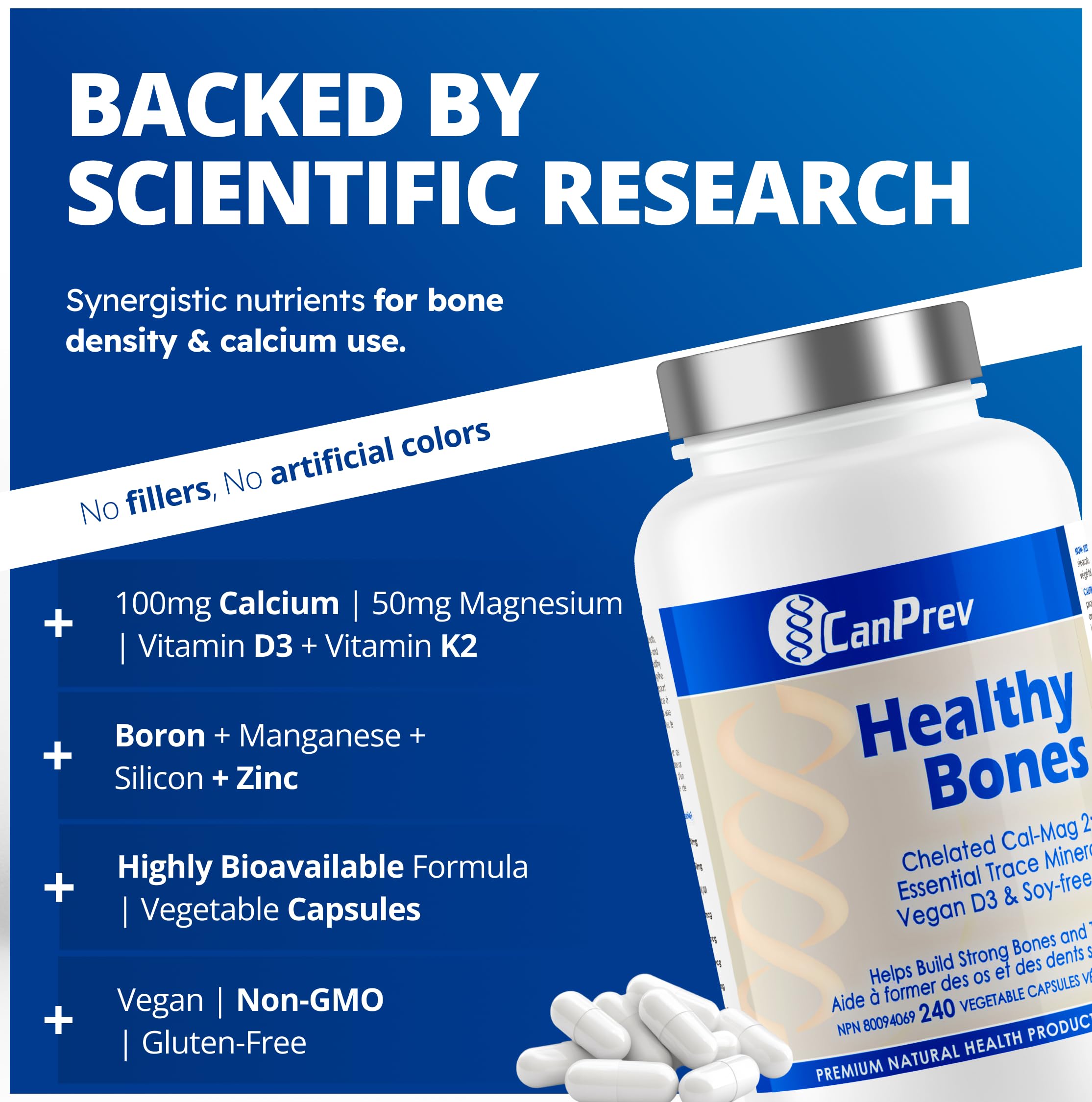 CanPrev Healthy Bones - Cal-Mag Chélaté 2:1, Oligo-éléments Essentiels, Vitamine D3 Végétalienne & K2 Sans Soja | Aide à Construire des Os et des Dents Solides | Produits de Santé Naturels de Première Qualité