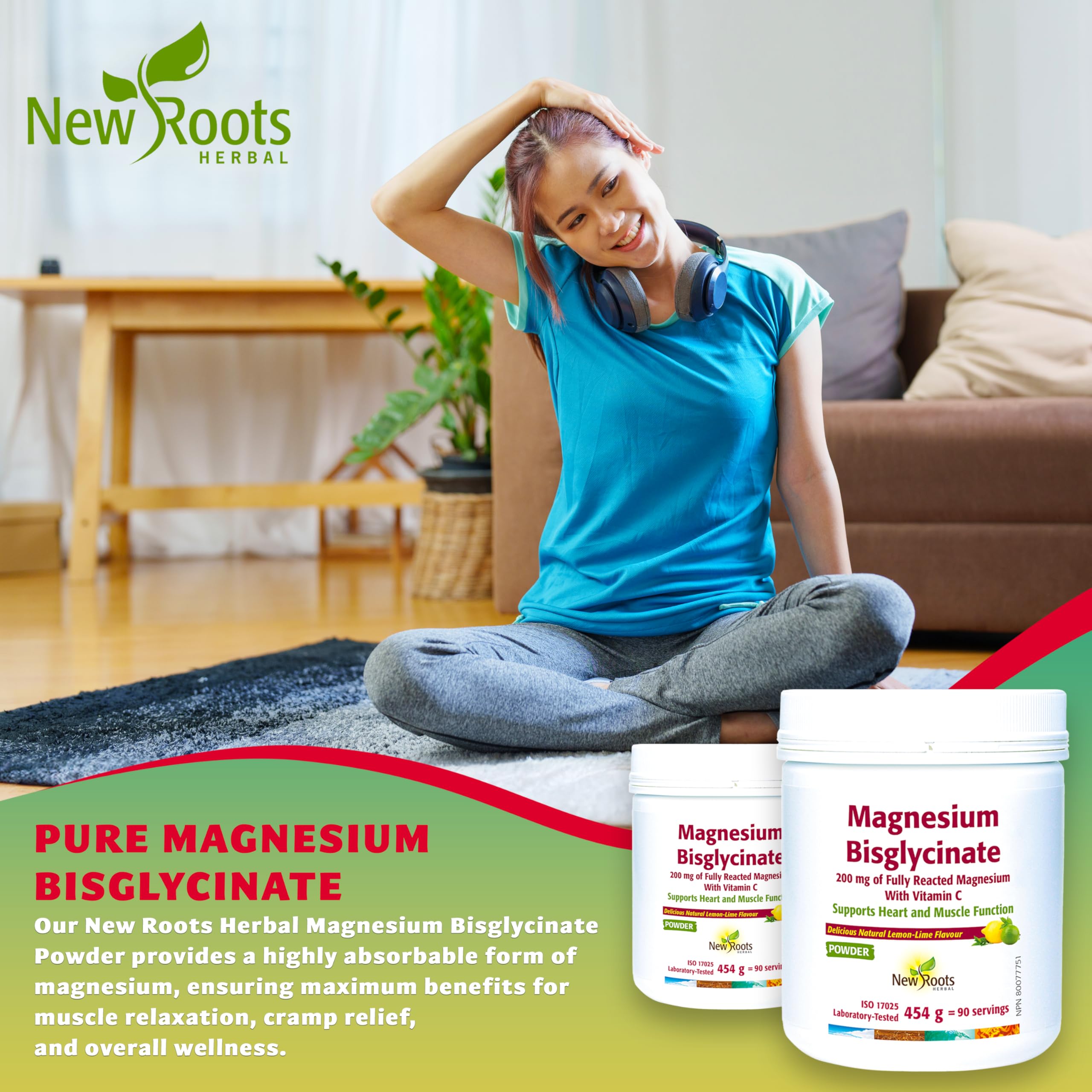New Roots Herbal - Magnesium Bisglycinate Powder, Lime Flavor Drink Mix - Pure Magnesium Glycinate with Vitamin C for Sleep, Support Heart Health, Muscles Function, Bone & Metabolism
