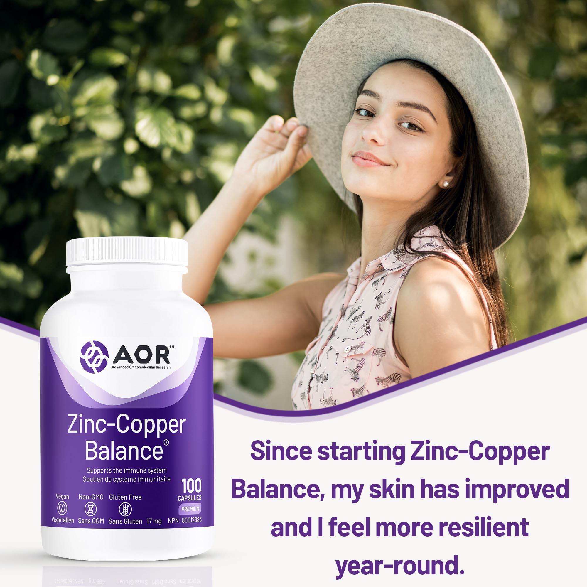 AOR Zinc Copper Balance 17mg, 100 V-Caps, 100-Day Supply - Nutrient Support for Skin, Hair, Bone & Overall Wellness, NON-GMO & Gluten-Free, Easy-to-Swallow, Zinc & Copper Supplements for Men & Women