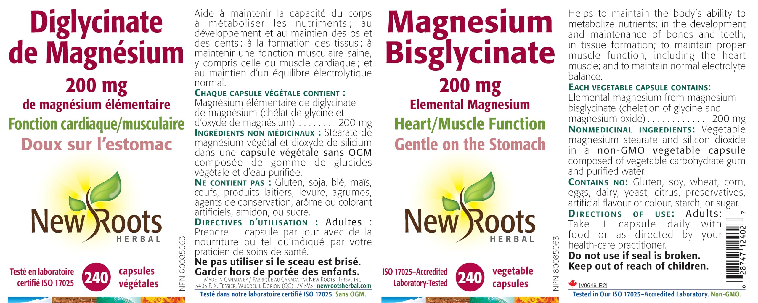 New Roots Herbal Bisglycinate de Magnésium, 120 Capsules Fourniture de 120 Jours - Magnésium Élémentaire de 200mg pour le Sommeil, le Cœur, la Fonction Musculaire, l'Équilibre Électrolytique et la Santé Osseuse - Doux pour l'Estomac - Sans OGM