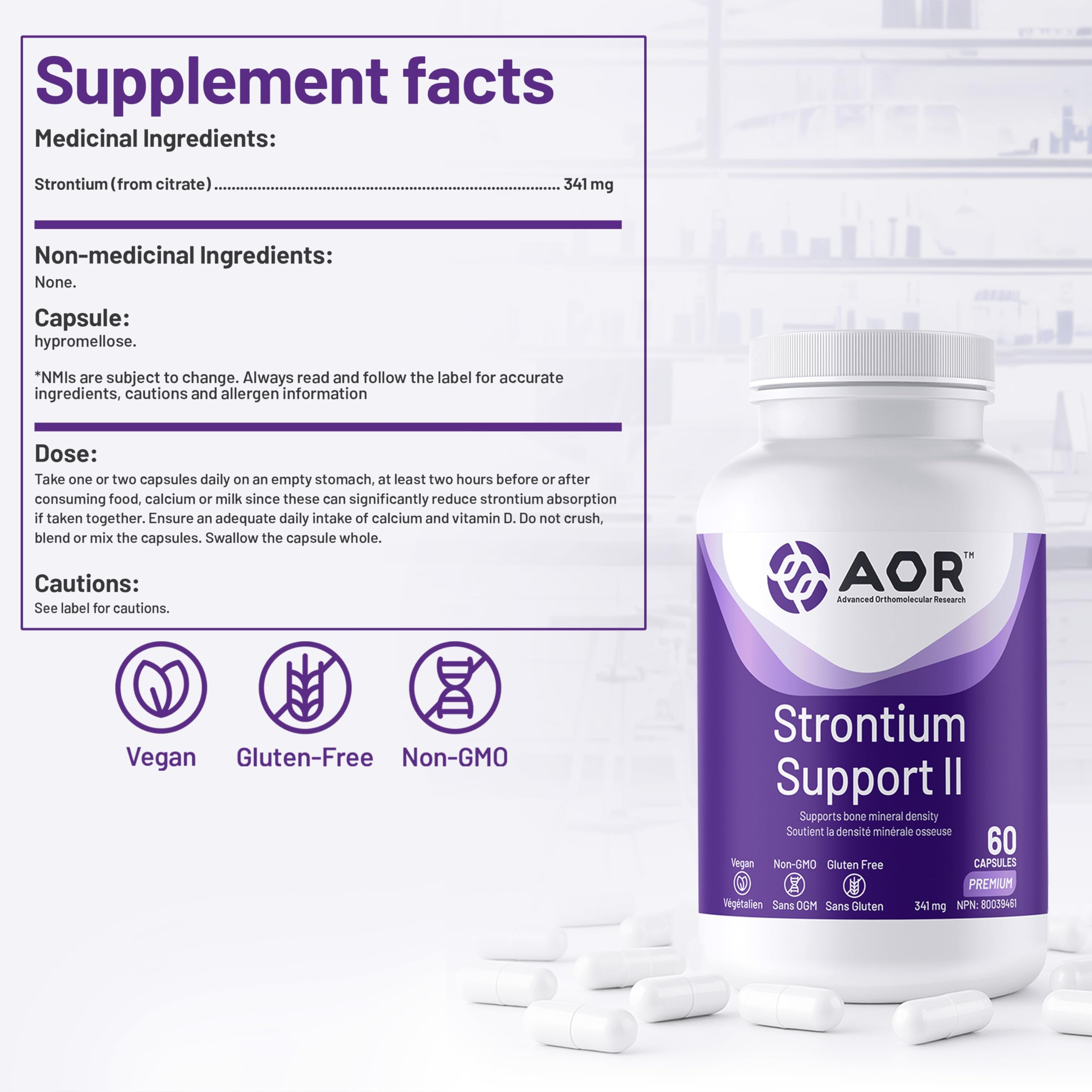 AOR - Strontium Support II 341 mg, 60 gélules - Supplément pour la guérison des fractures osseuses - Le Strontium renforce la solidité des os - Supplément de strontium - Supplément pour la santé osseuse - Citrate de strontium