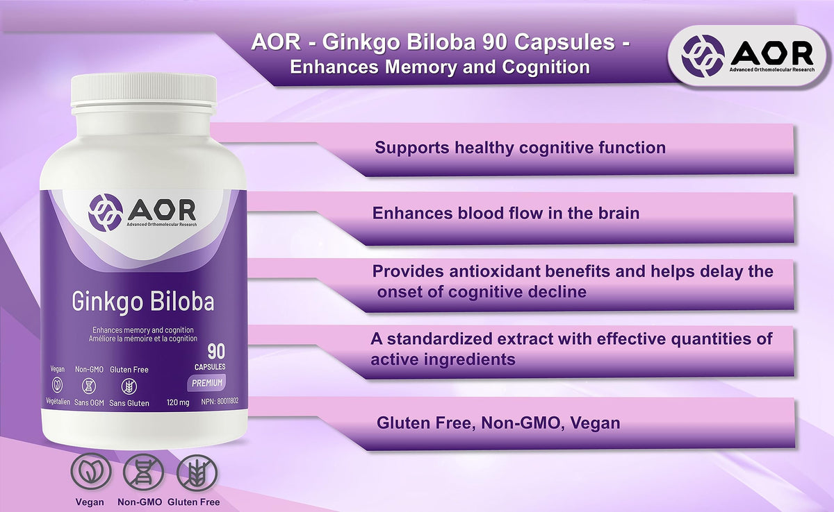AOR Ginkgo Biloba Supplement Capsules, 24% Flavone Glycosides, 90 Caps