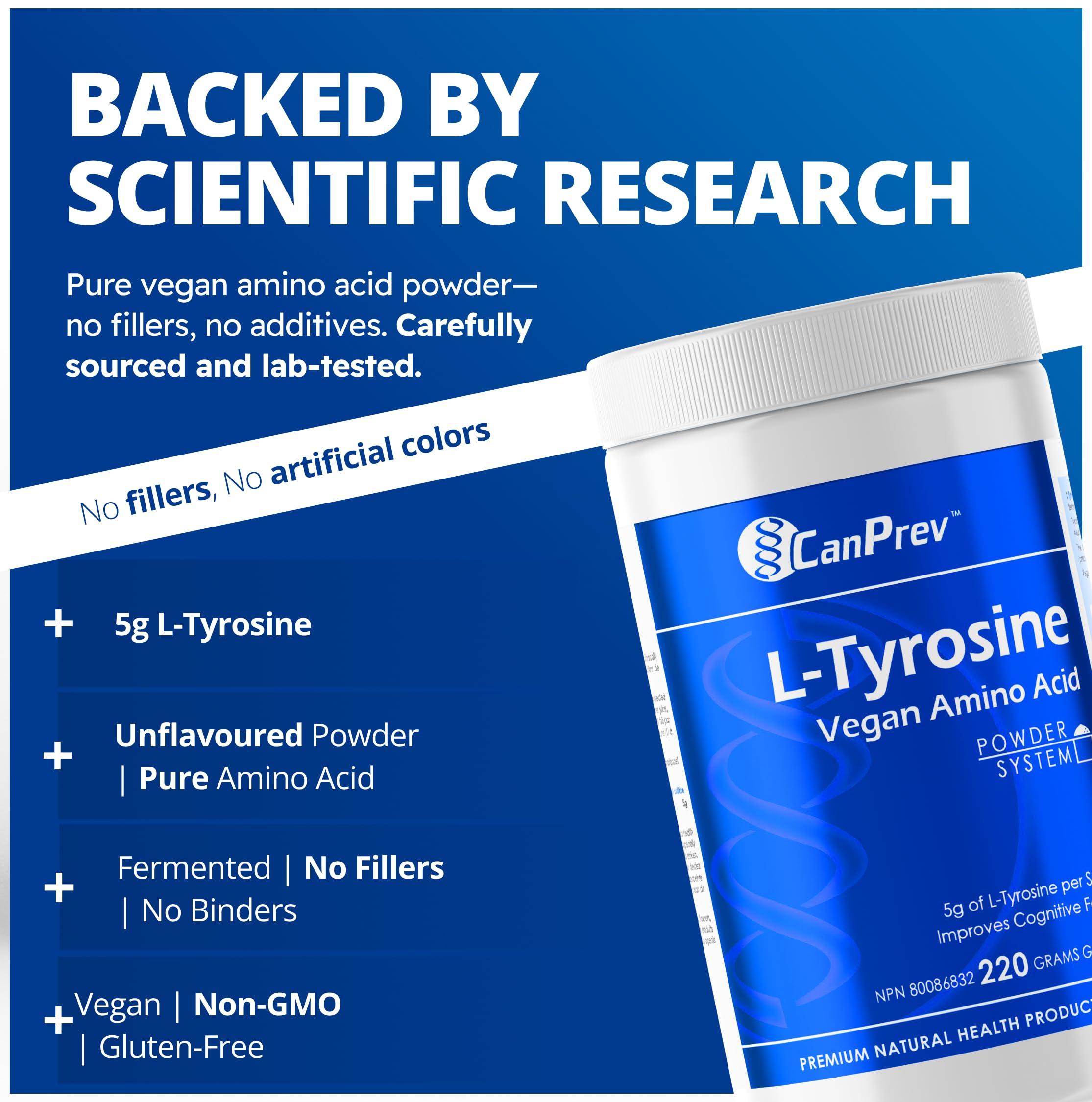 CanPrev L-Tyrosine Poudre d'Acides Aminés Végétalienne 220g - 5g par cuillère pour la Concentration, la Clarté Mentale et le Soutien Cognitif, le Fonctionnement Cérébral et la Mémoire - Formule Facile à Mélanger, Idéale pour les Boissons et les Smoothies