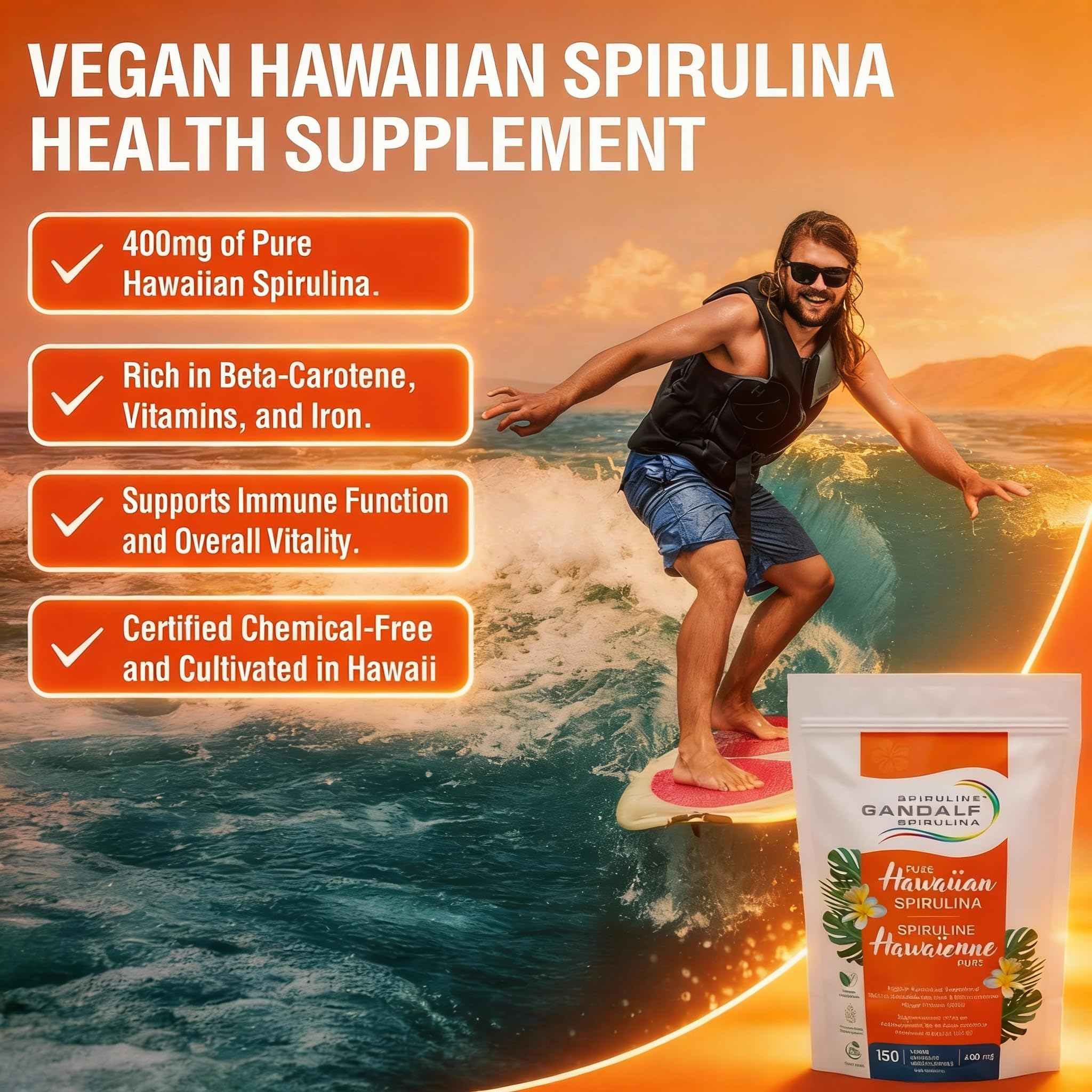 Gandalf Hawaiian Spirulina 400mg, 150 Vegan Capsules - Non-GMO and Gluten-Free - Pure Blue-Green Algae, Rich in Beta-Carotene, Vitamins, Iron, Antioxidants - Supports Immune Health