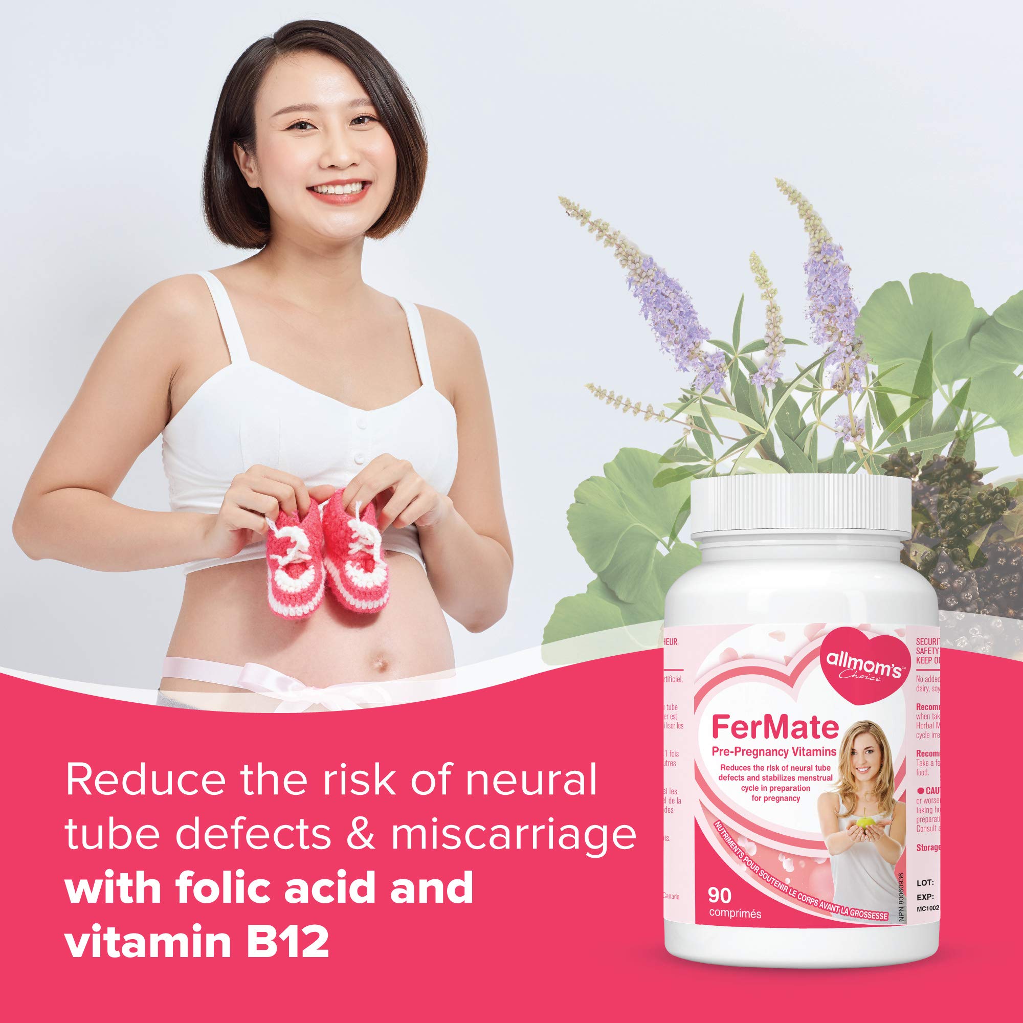 Vitamines prénatales fertilité pour femmes qui essaient de concevoir, favorise des cycles sains, aide à la fertilité - Vitex (gattilier), PABA, Folate Acide Folique 500mcg, B12, Zinc - 45 jours d'approvisionnement - Allmom's Choice